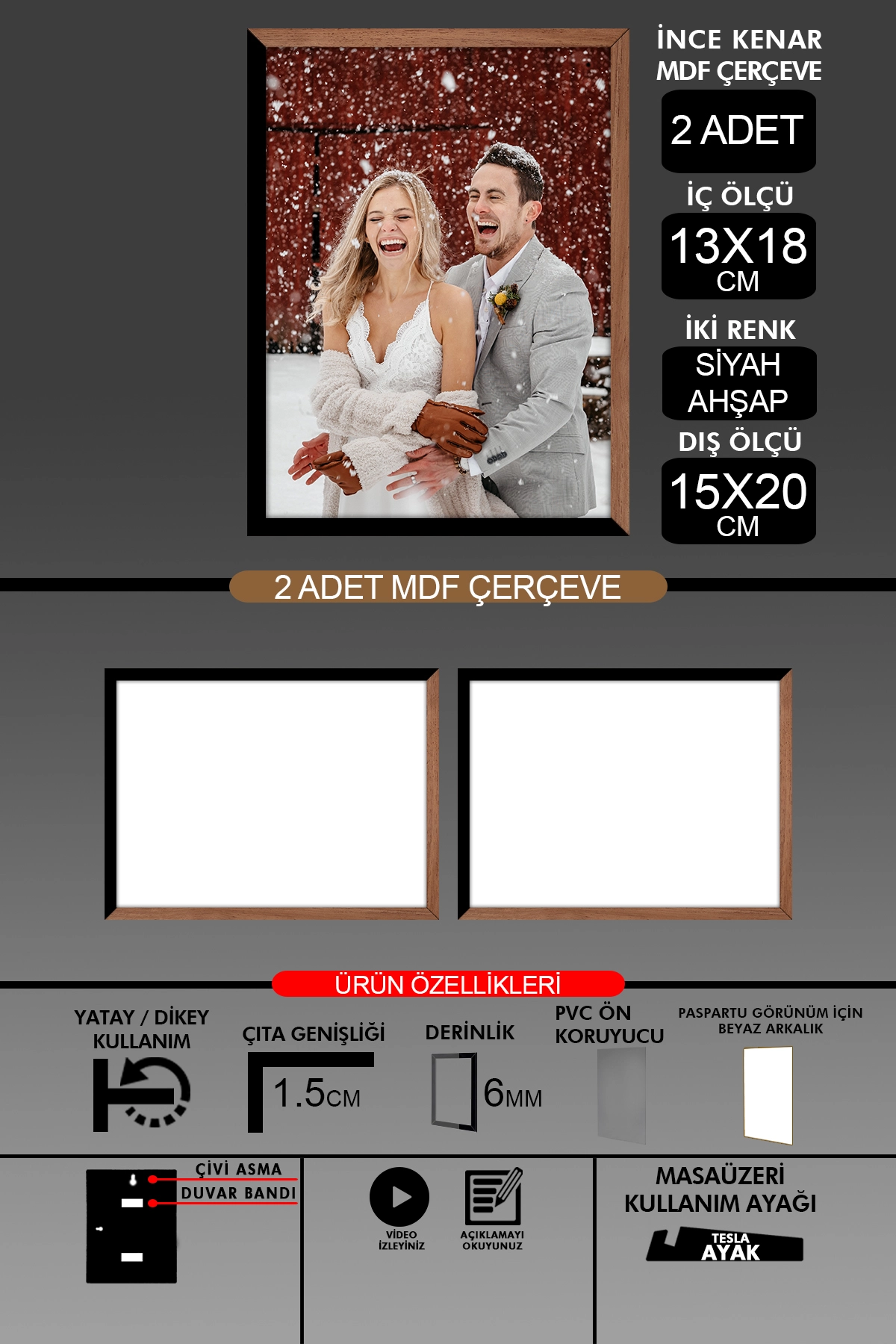 2 Adet 13x18 Çerçeve - İnce Çıtalı Çerçeve- 6mm Çerçeve Fotoğraf Çerçevesi