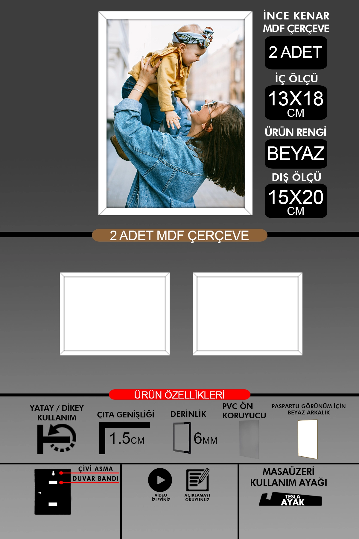 2 Adet 13x18 Çerçeve - İnce Çıtalı Çerçeve- 6mm Çerçeve Fotoğraf Çerçevesi
