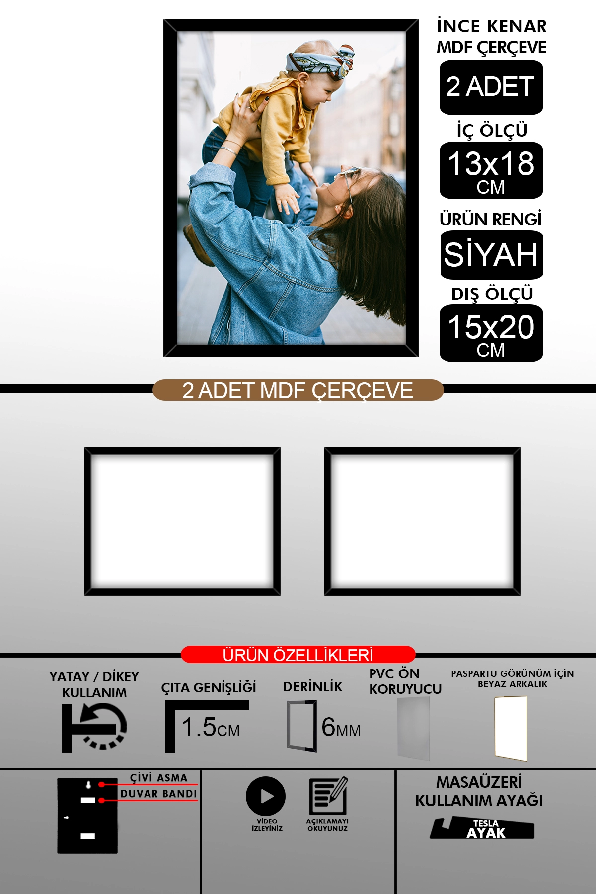 2 Adet 13x18 Çerçeve - İnce Çıtalı Çerçeve- 6mm Çerçeve Fotoğraf Çerçevesi