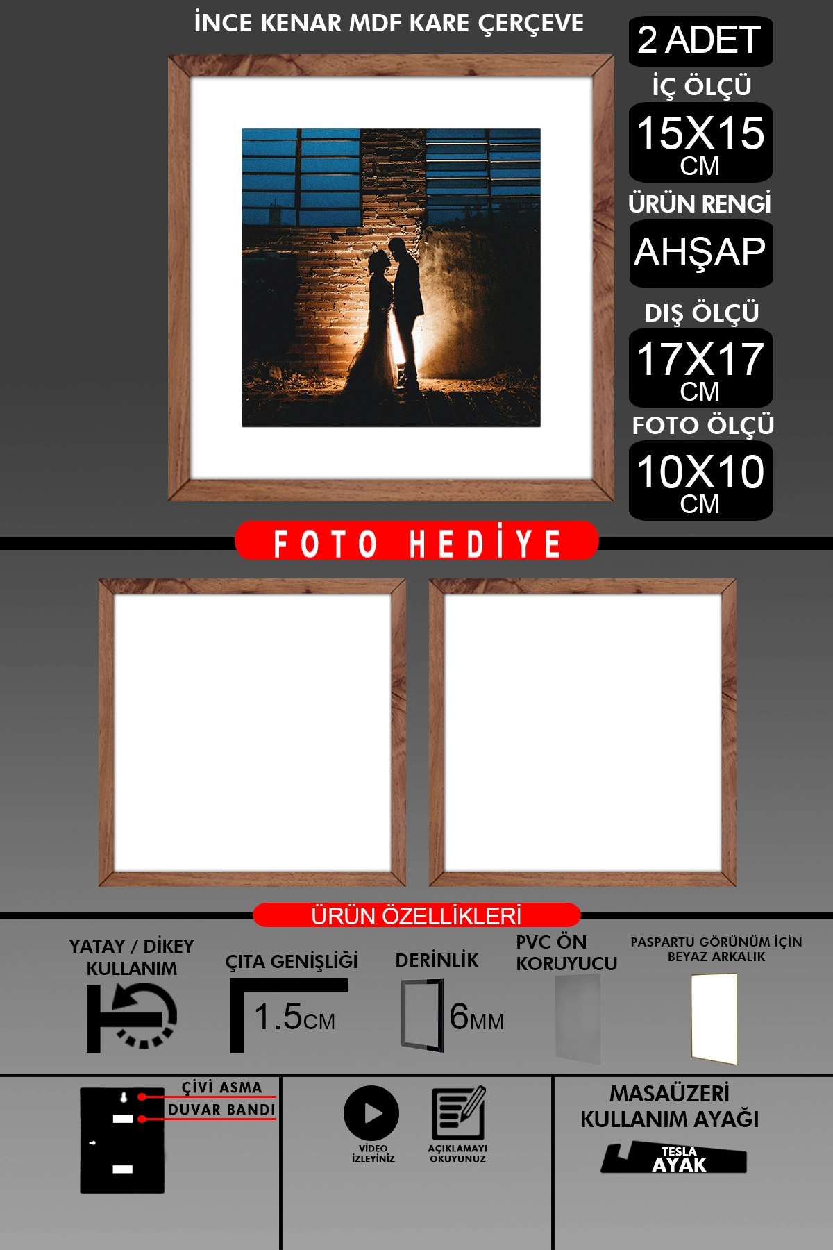2 Adet 15x15 Çerçeve - İnce Çıtalı Çerçeve - Kare Çerçeve - Fotoğraf Çerçevesi