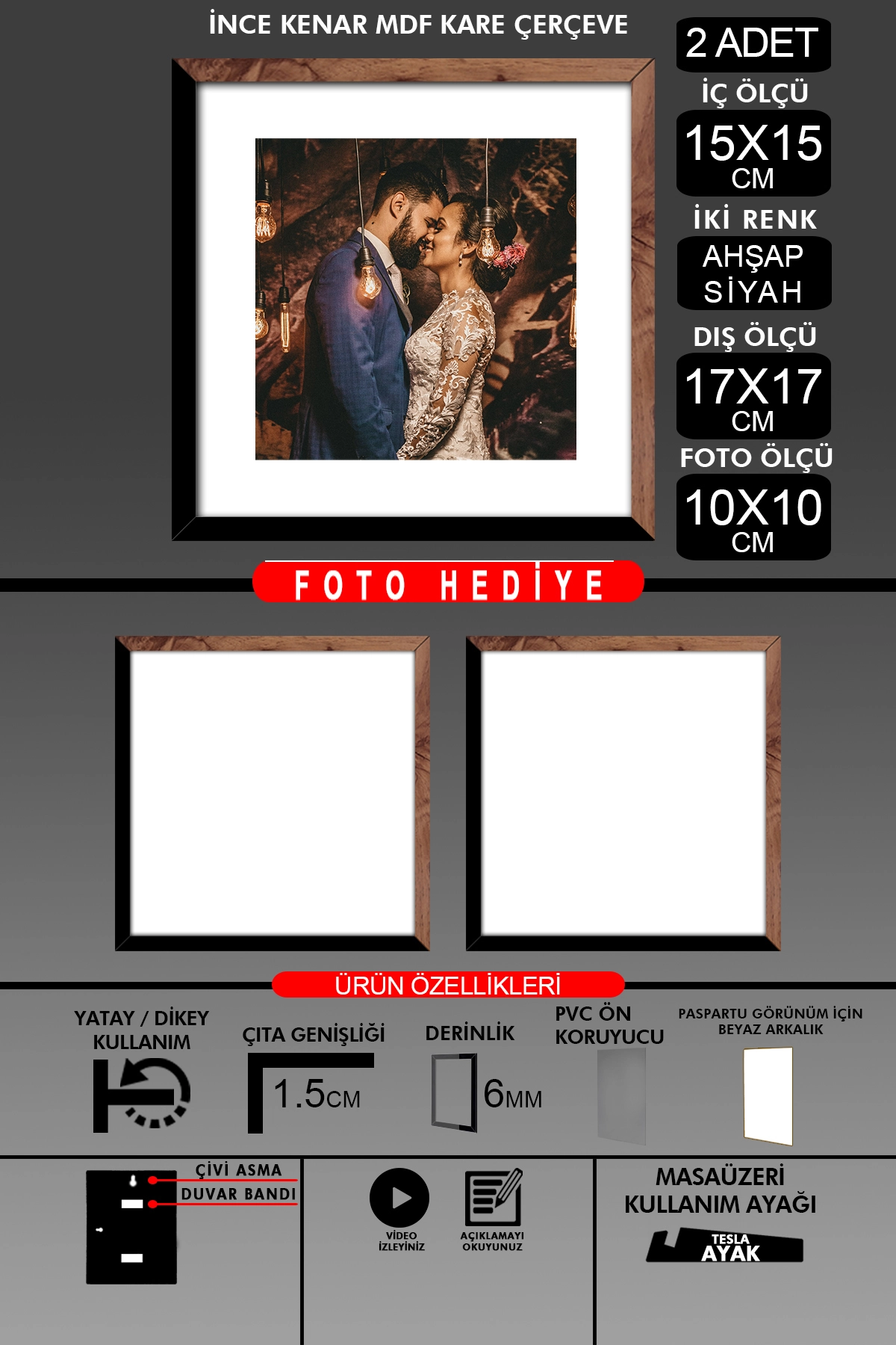 2 Adet 15x15 Çerçeve - İnce Çıtalı Çerçeve - Kare Çerçeve - Fotoğraf Çerçevesi