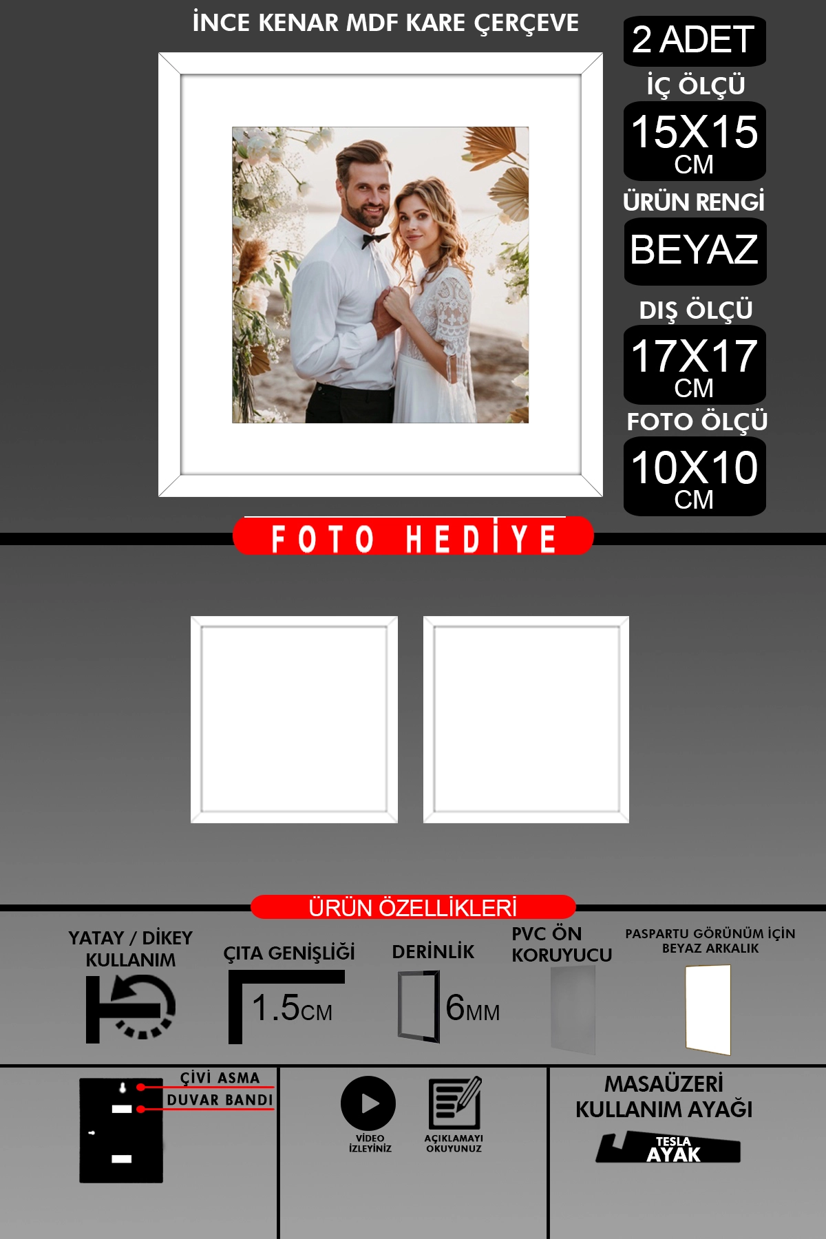 2 Adet 15x15 Çerçeve - İnce Çıtalı Çerçeve - Kare Çerçeve - Fotoğraf Çerçevesi