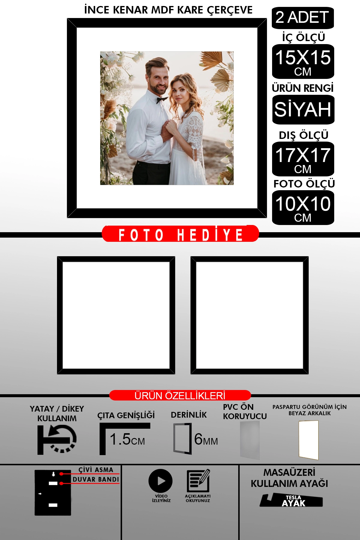 2 Adet 15x15 Çerçeve - İnce Çıtalı Çerçeve - Kare Çerçeve - Fotoğraf Çerçevesi