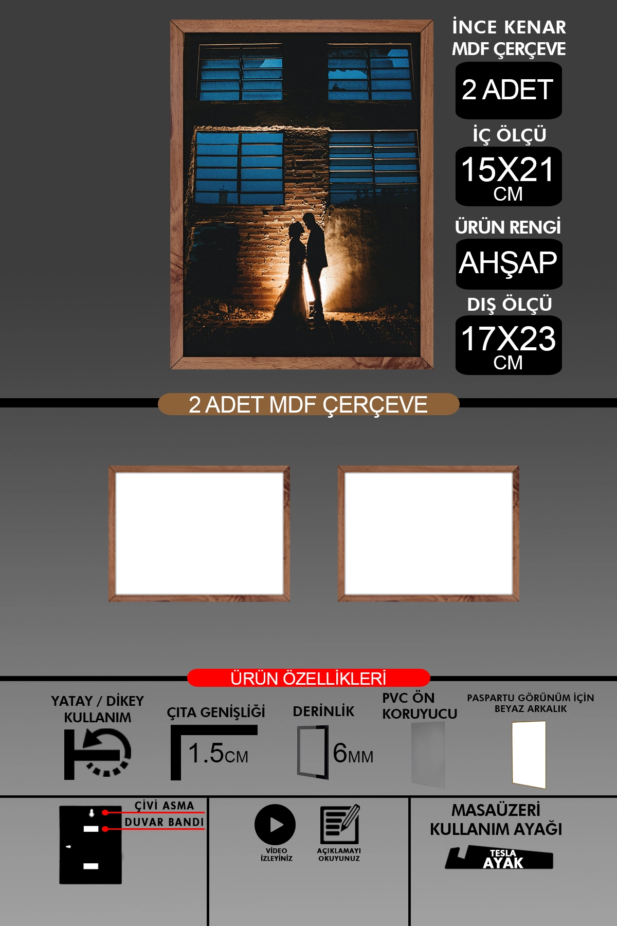 2 Adet 15x21 Çerçeve - İnce Çıtalı A5 Çerçeve - 6mm - Fotoğraf Çerçevesi