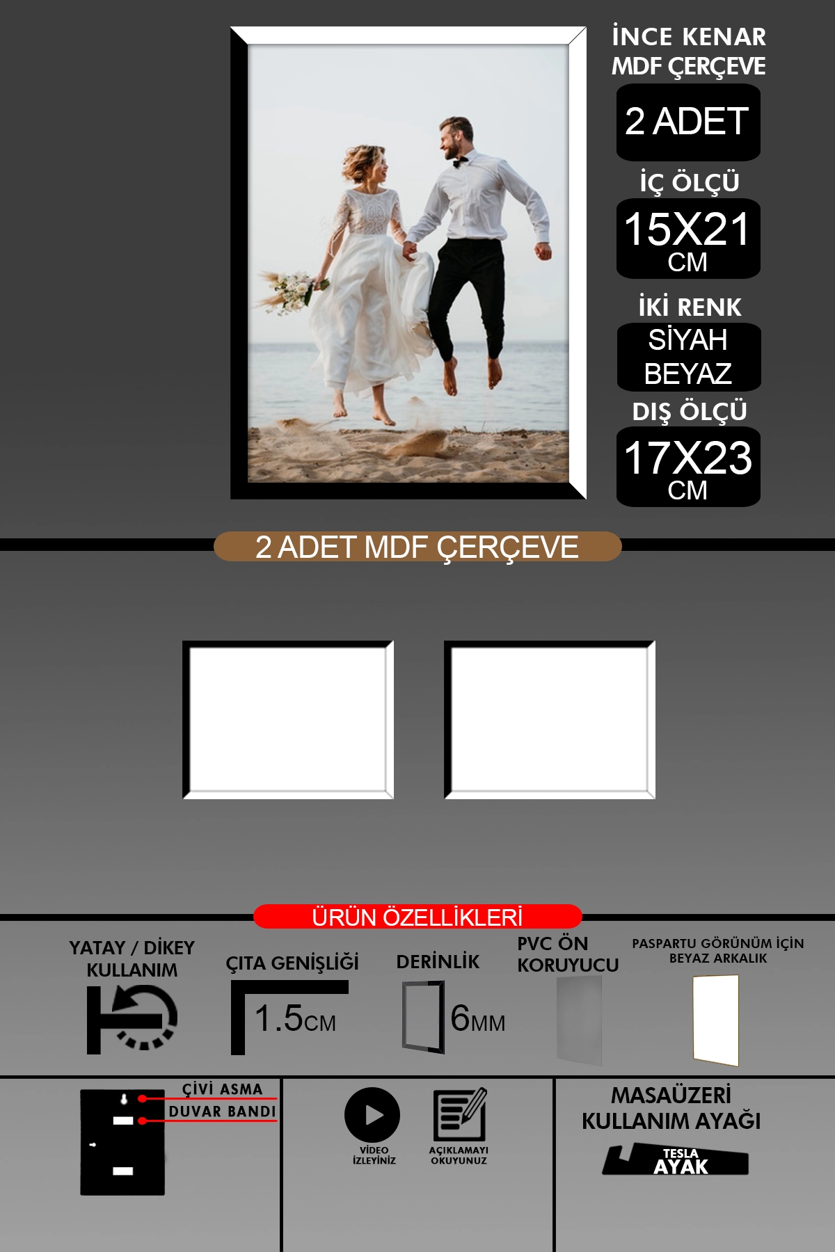 2 Adet 15x21 Çerçeve - İnce Çıtalı A5 Çerçeve - 6mm - Fotoğraf Çerçevesi
