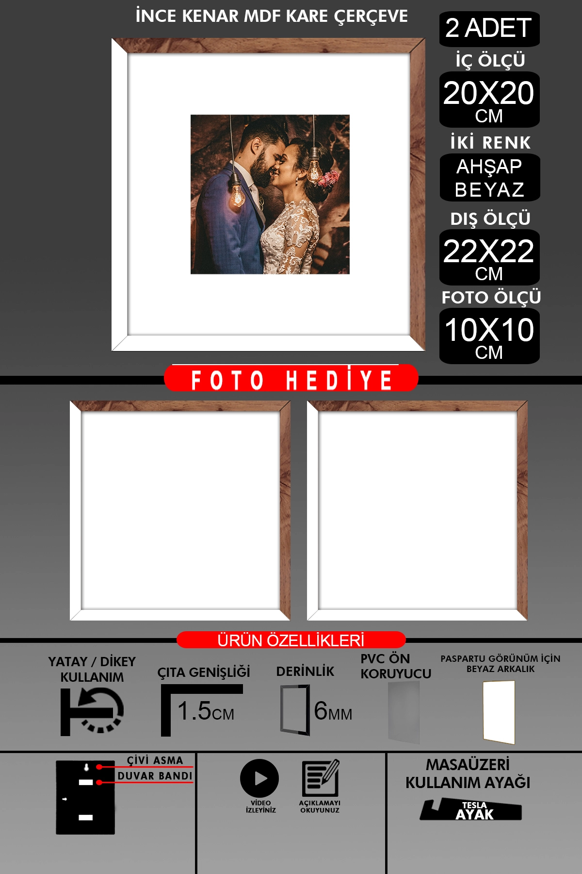 2 Adet 20x20 Çerçeve - İnce Çıtalı Çerçeve - Kare Çerçeve - Fotoğraf Çerçevesi