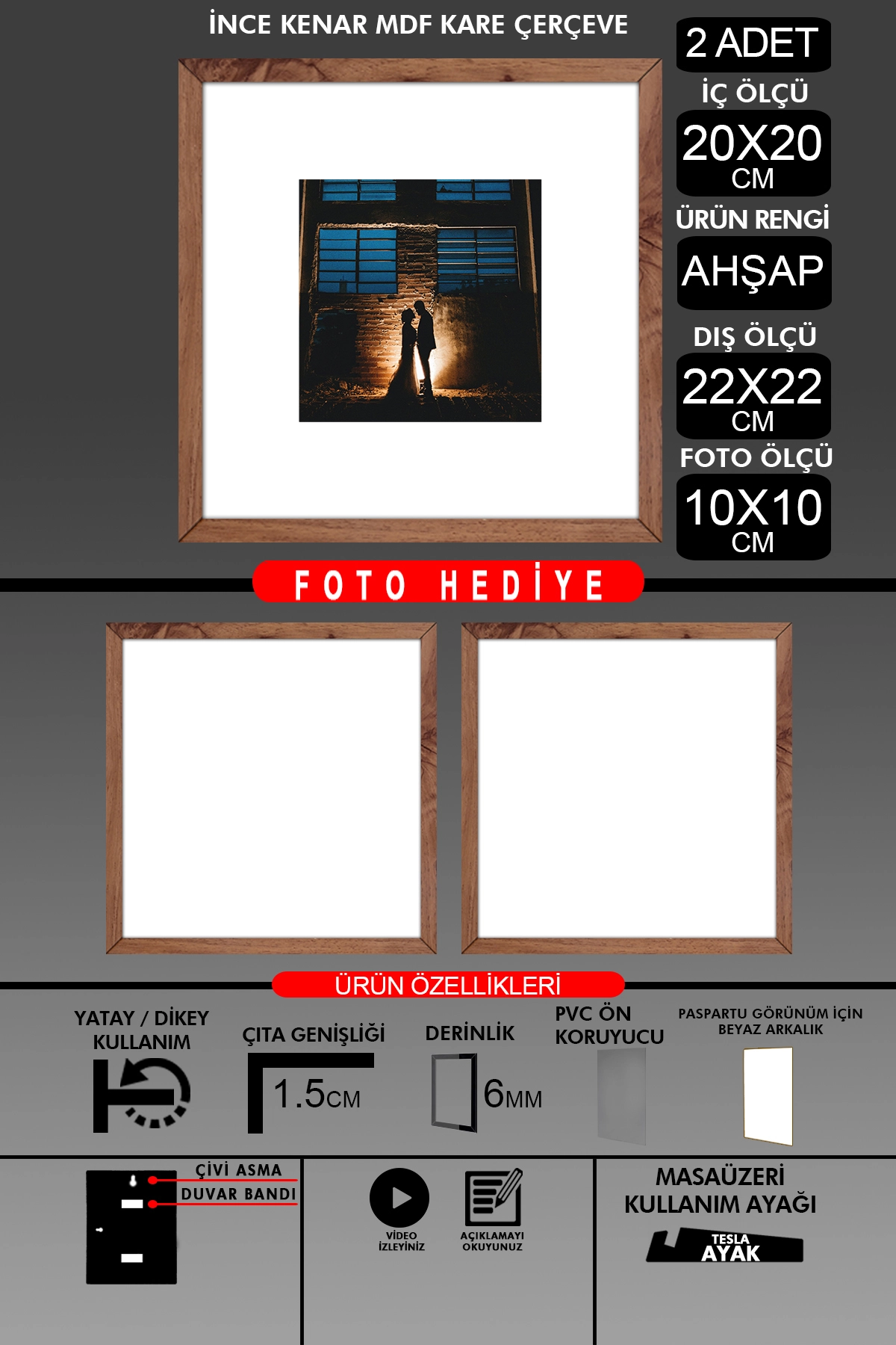 2 Adet 20x20 Çerçeve - İnce Çıtalı Çerçeve - Kare Çerçeve - Fotoğraf Çerçevesi