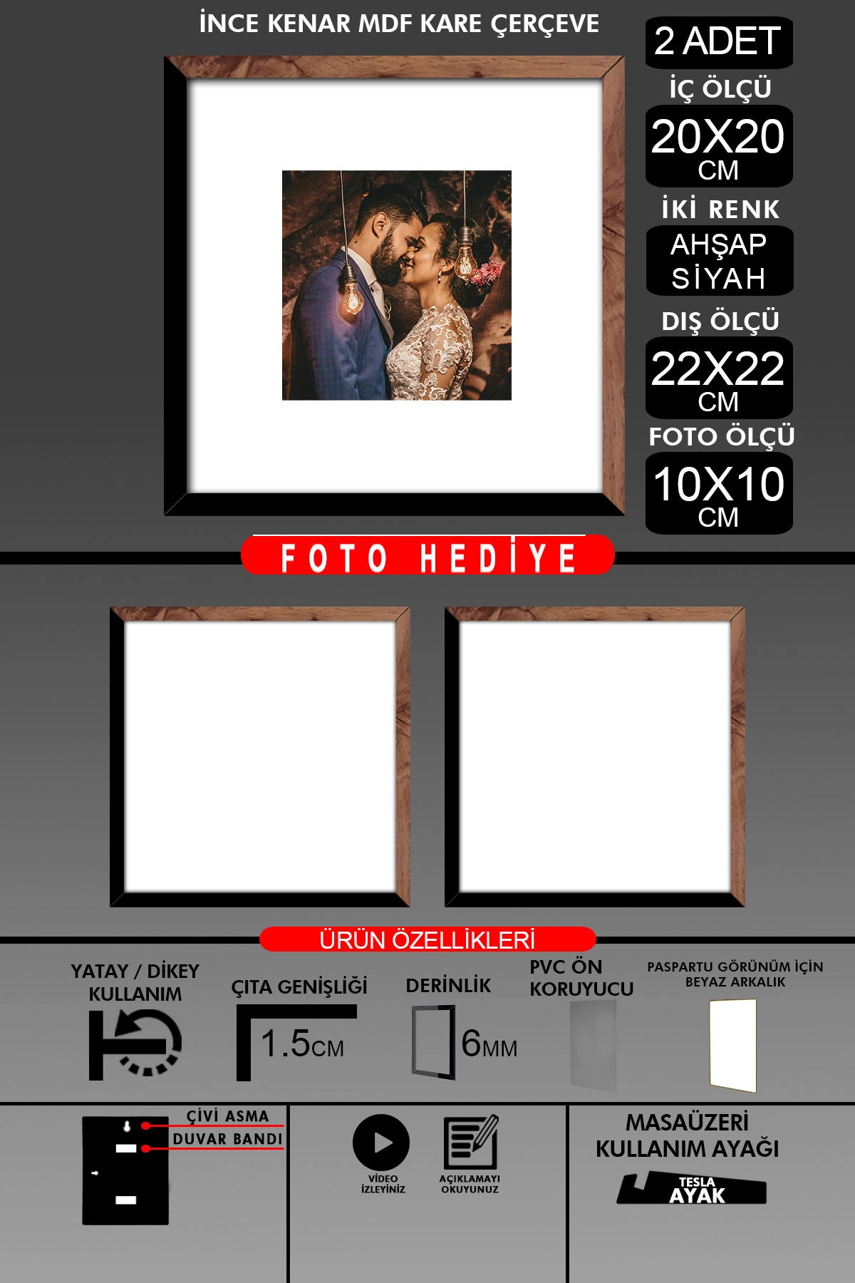 2 Adet 20x20 Çerçeve - İnce Çıtalı Çerçeve - Kare Çerçeve - Fotoğraf Çerçevesi