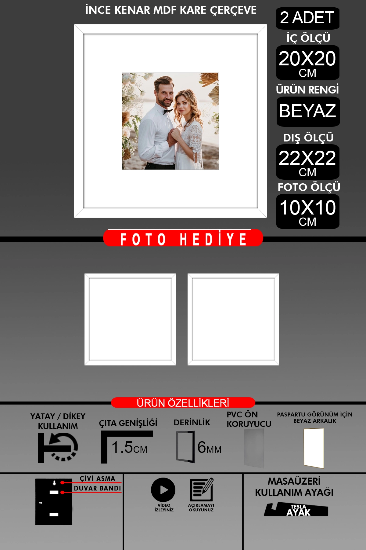 2 Adet 20x20 Çerçeve - İnce Çıtalı Çerçeve - Kare Çerçeve - Fotoğraf Çerçevesi
