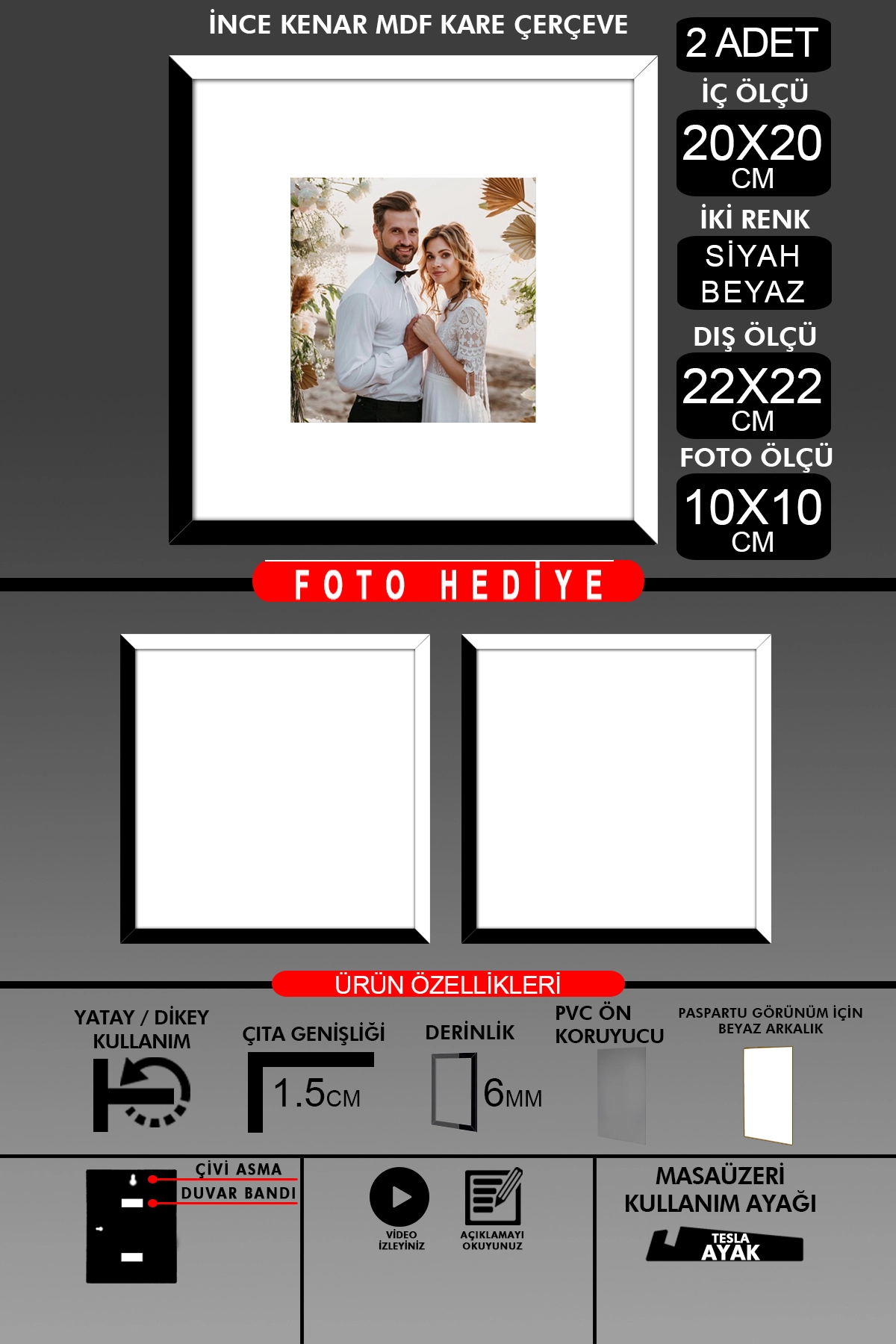 2 Adet 20x20 Çerçeve - İnce Çıtalı Çerçeve - Kare Çerçeve - Fotoğraf Çerçevesi