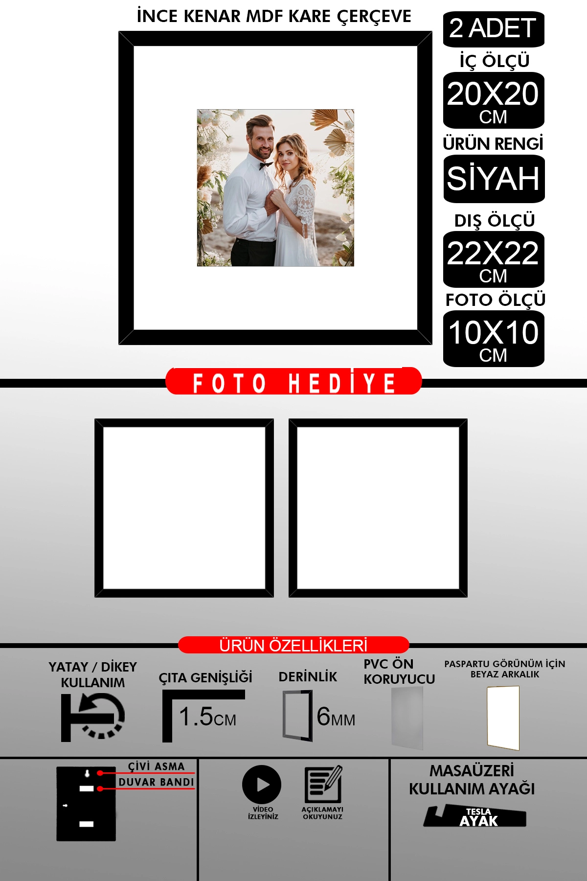 2 Adet 20x20 Çerçeve - İnce Çıtalı Çerçeve - Kare Çerçeve - Fotoğraf Çerçevesi