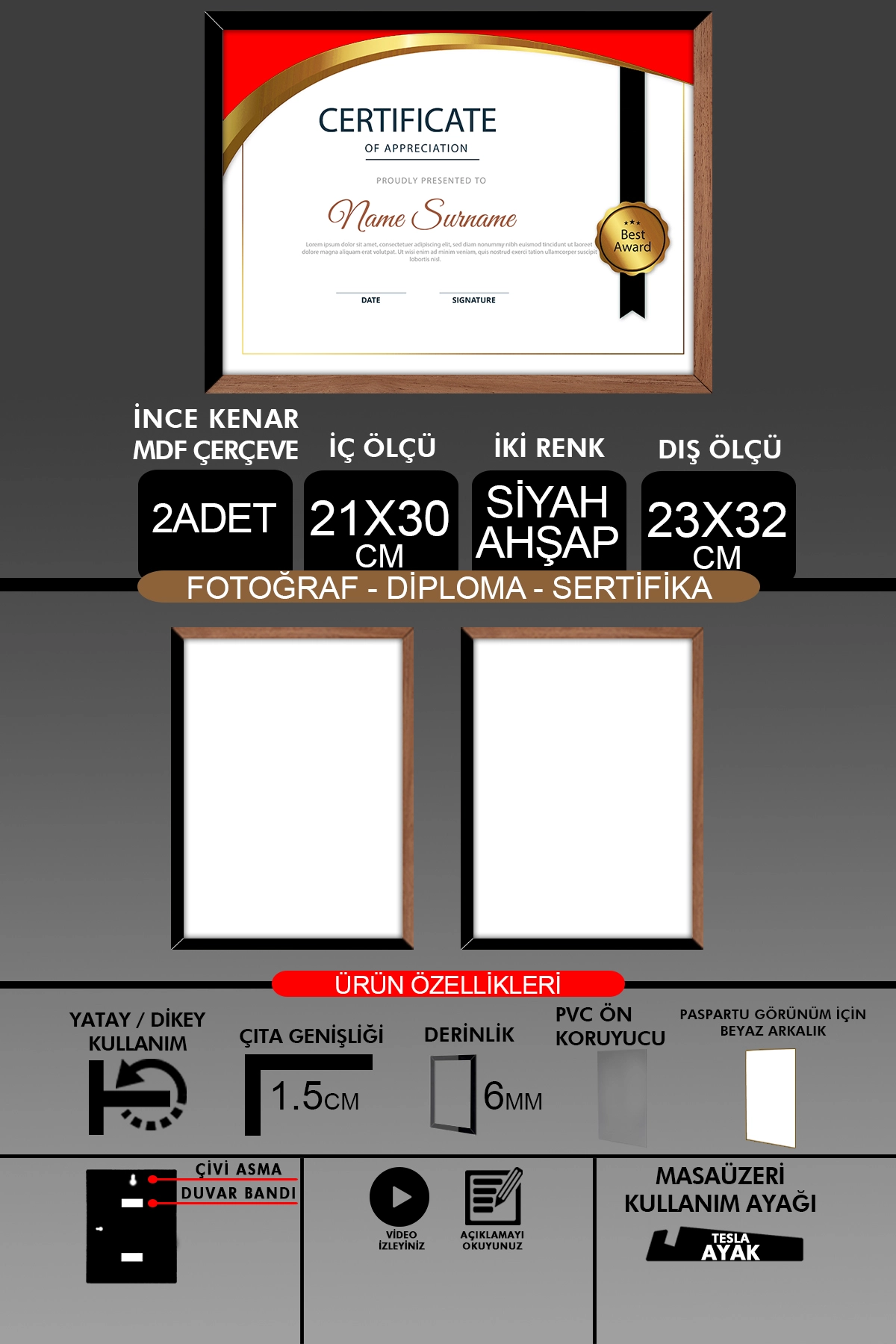 2 Adet 21x30 Çerçeve - İnce Çıtalı A4 Çerçeve - Fotoğraf Sertifika Çerçevesi