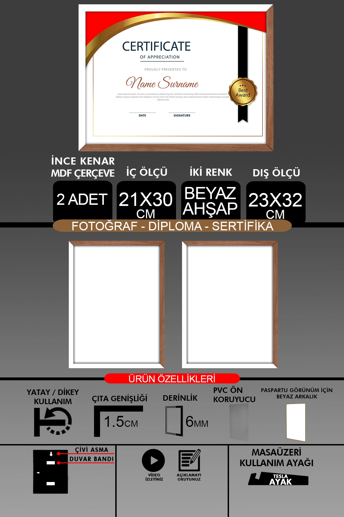 2 Adet 21x30 Çerçeve - İnce Çıtalı A4 Çerçeve - Fotoğraf Sertifika Çerçevesi