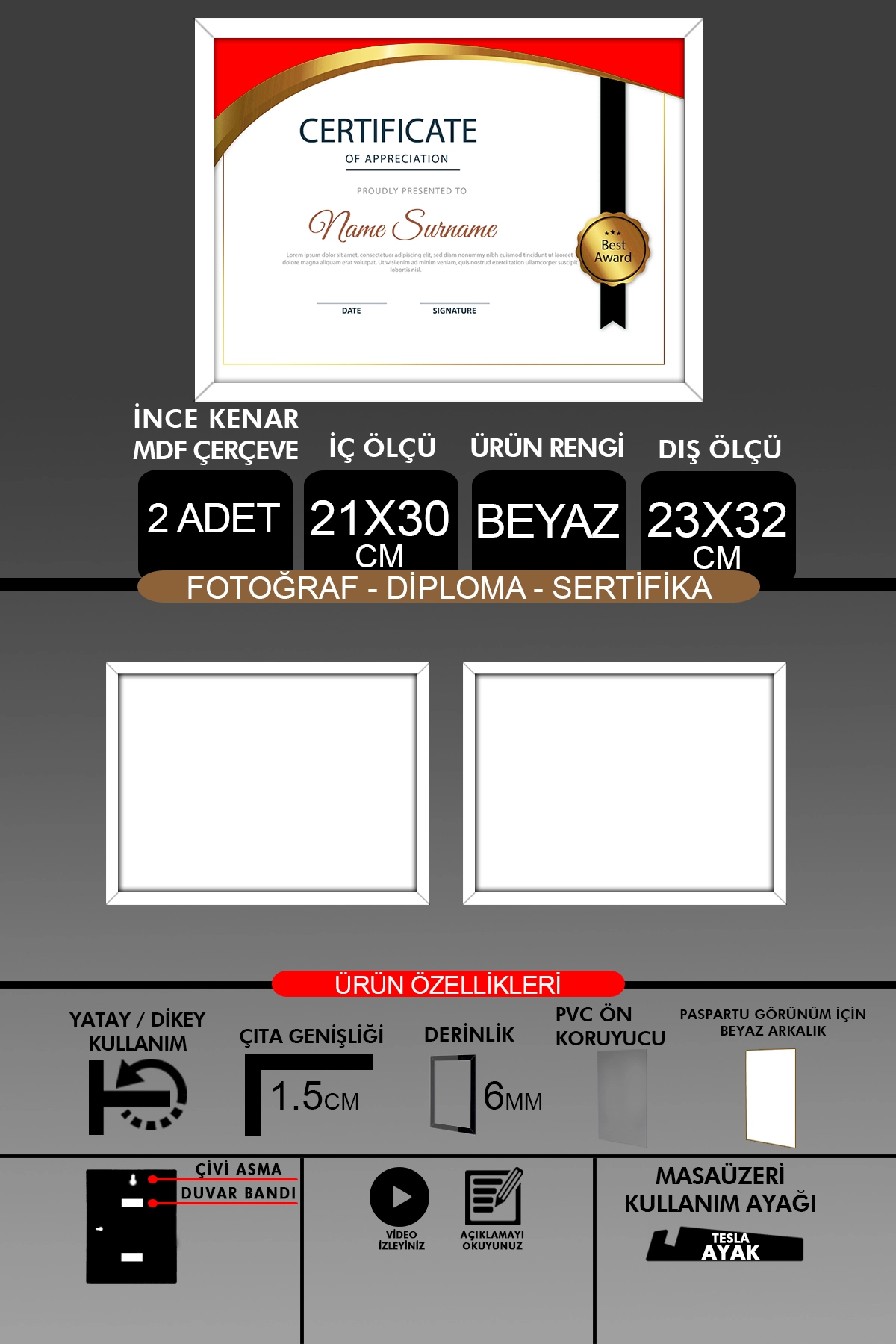 2 Adet 21x30 Çerçeve - İnce Çıtalı A4 Çerçeve - Fotoğraf Sertifika Çerçevesi