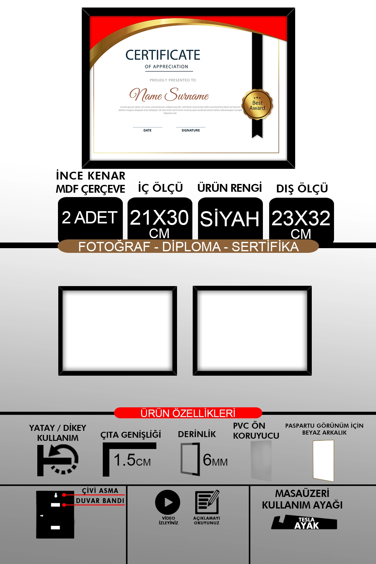 2 Adet 21x30 Çerçeve - İnce Çıtalı A4 Çerçeve - Fotoğraf Sertifika Çerçevesi