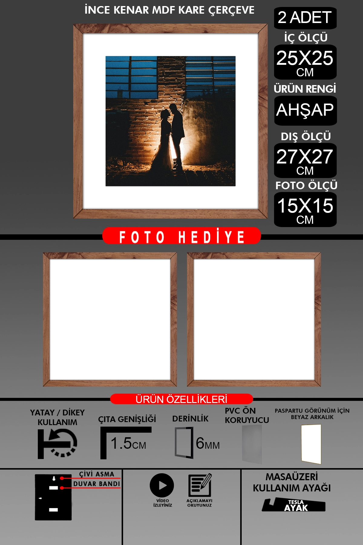 2 Adet 25x25 Çerçeve - İnce Çıtalı Çerçeve -Kare Çerçeve Fotoğraf Çerçevesi