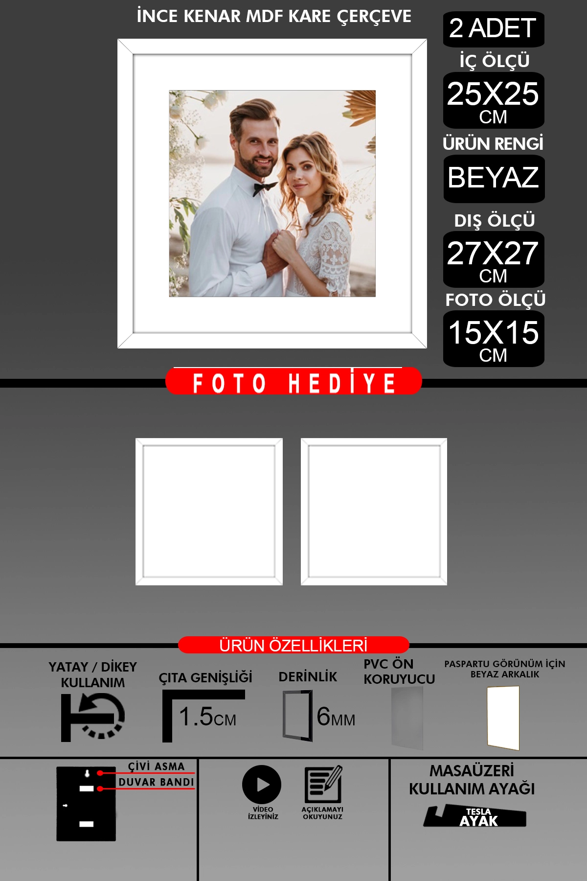 2 Adet 25x25 Çerçeve - İnce Çıtalı Çerçeve -Kare Çerçeve Fotoğraf Çerçevesi