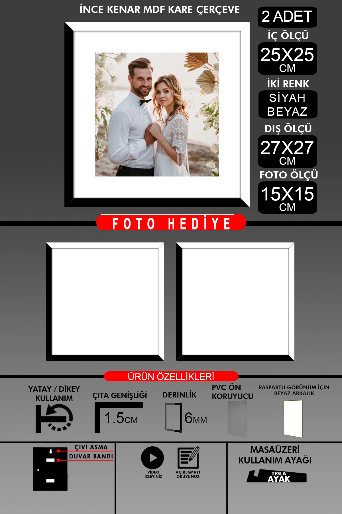 2 Adet 25x25 Çerçeve - İnce Çıtalı Çerçeve -Kare Çerçeve Fotoğraf Çerçevesi