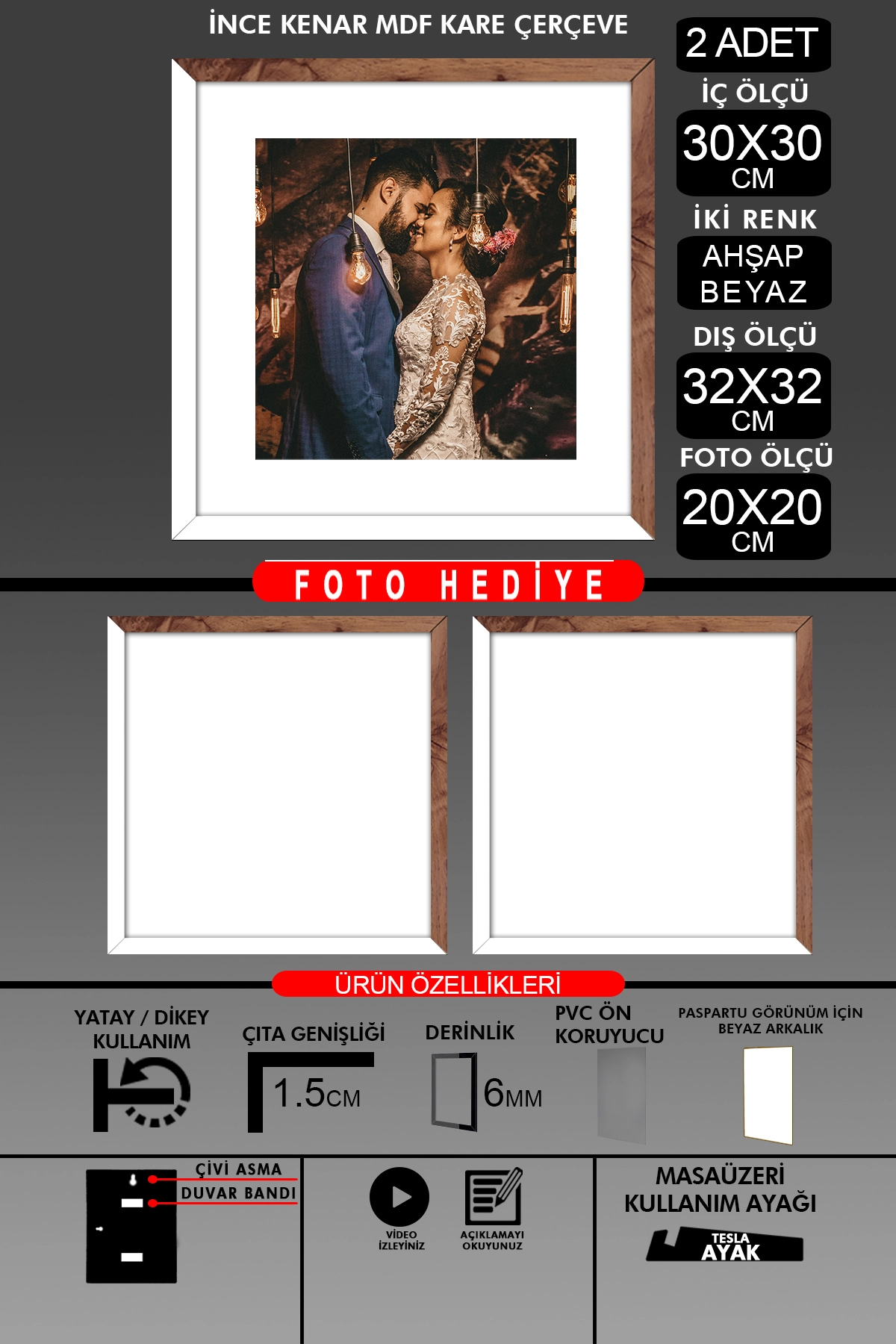 2 Adet 30x30 Çerçeve - İnce Çıtalı Çerçeve -Kare Çerçeve - Fotoğraf Çerçevesi