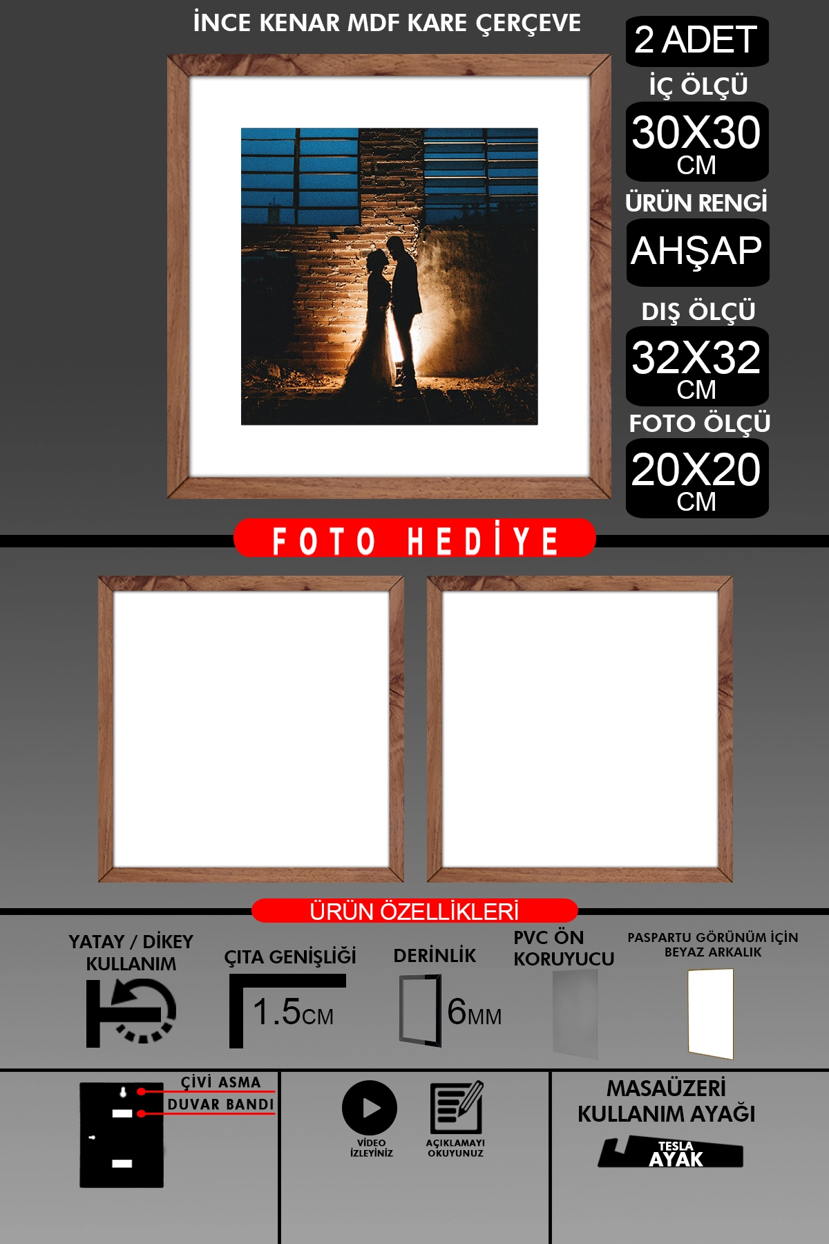 2 Adet 30x30 Çerçeve - İnce Çıtalı Çerçeve -Kare Çerçeve - Fotoğraf Çerçevesi
