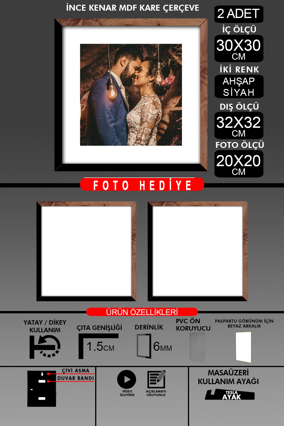 2 Adet 30x30 Çerçeve - İnce Çıtalı Çerçeve -Kare Çerçeve - Fotoğraf Çerçevesi