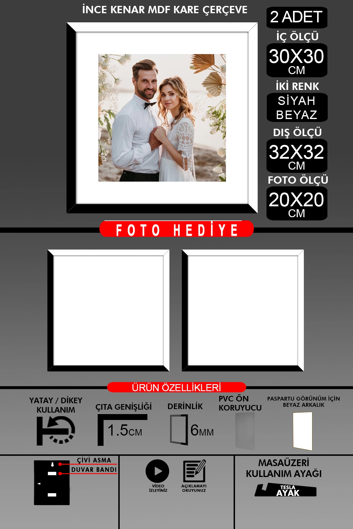 2 Adet 30x30 Çerçeve - İnce Çıtalı Çerçeve -Kare Çerçeve - Fotoğraf Çerçevesi