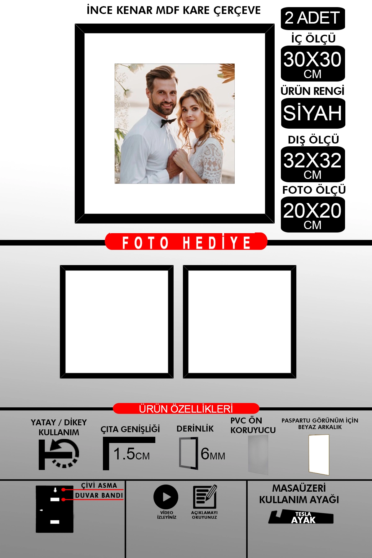2 Adet 30x30 Çerçeve - İnce Çıtalı Çerçeve -Kare Çerçeve - Fotoğraf Çerçevesi