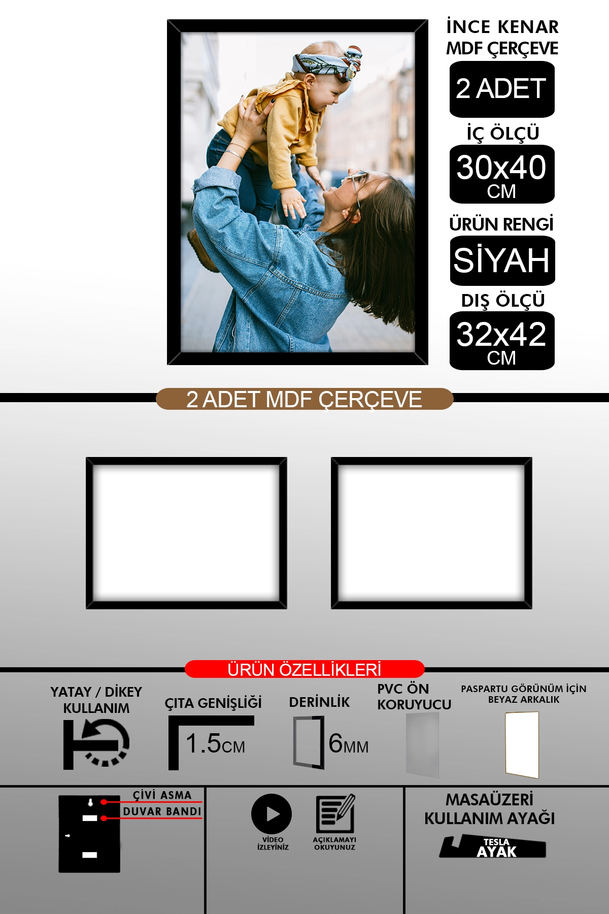 2 Adet 30x40 Çerçeve - İnce Çıtalı A3 Çerçeve - 6mm Fotoğraf Çerçevesi