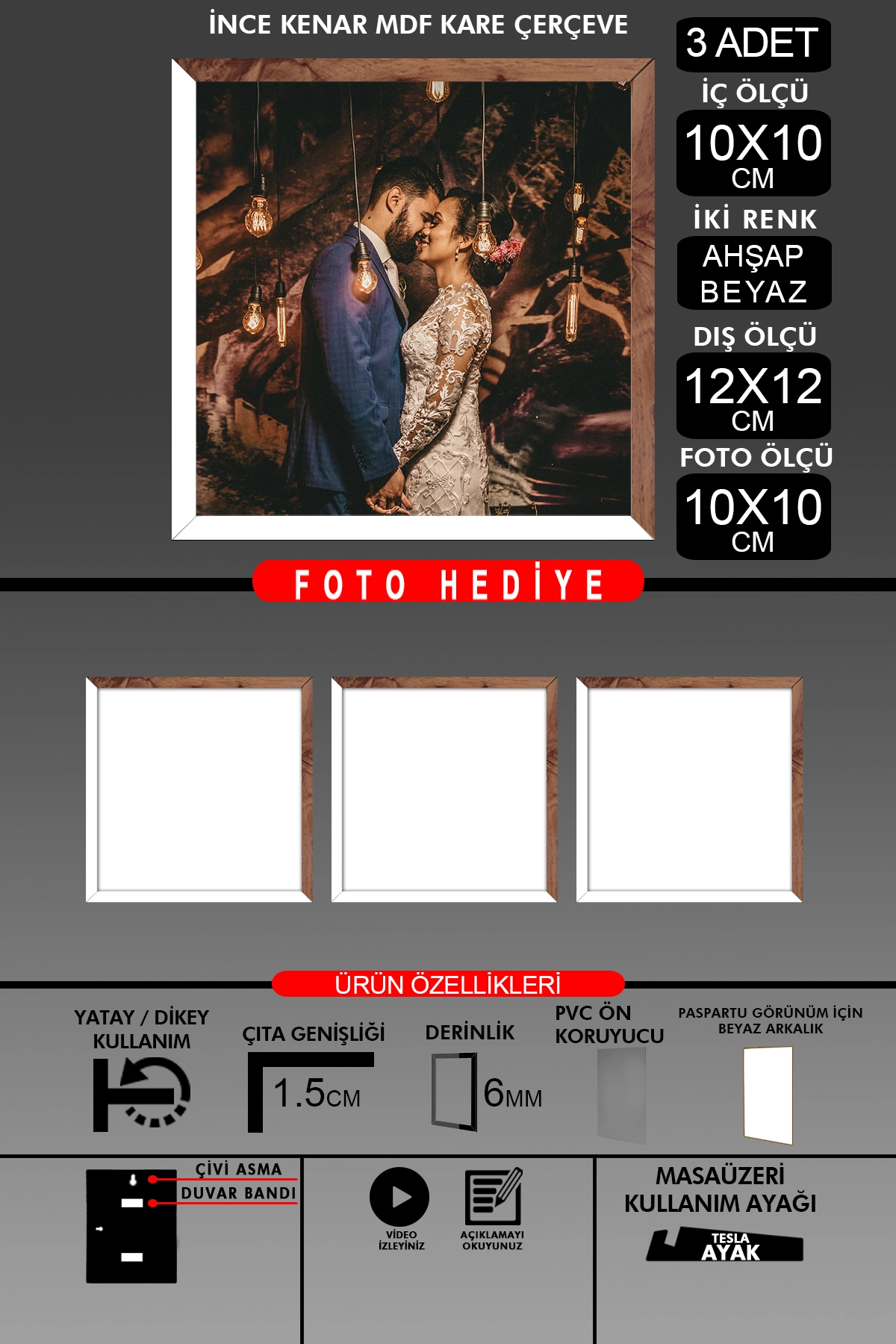 2 Adet 10X10 Çerçeve - İnce Çıtalı Çerçeve - Kare Çerçeve - Fotoğraf Çerçevesi