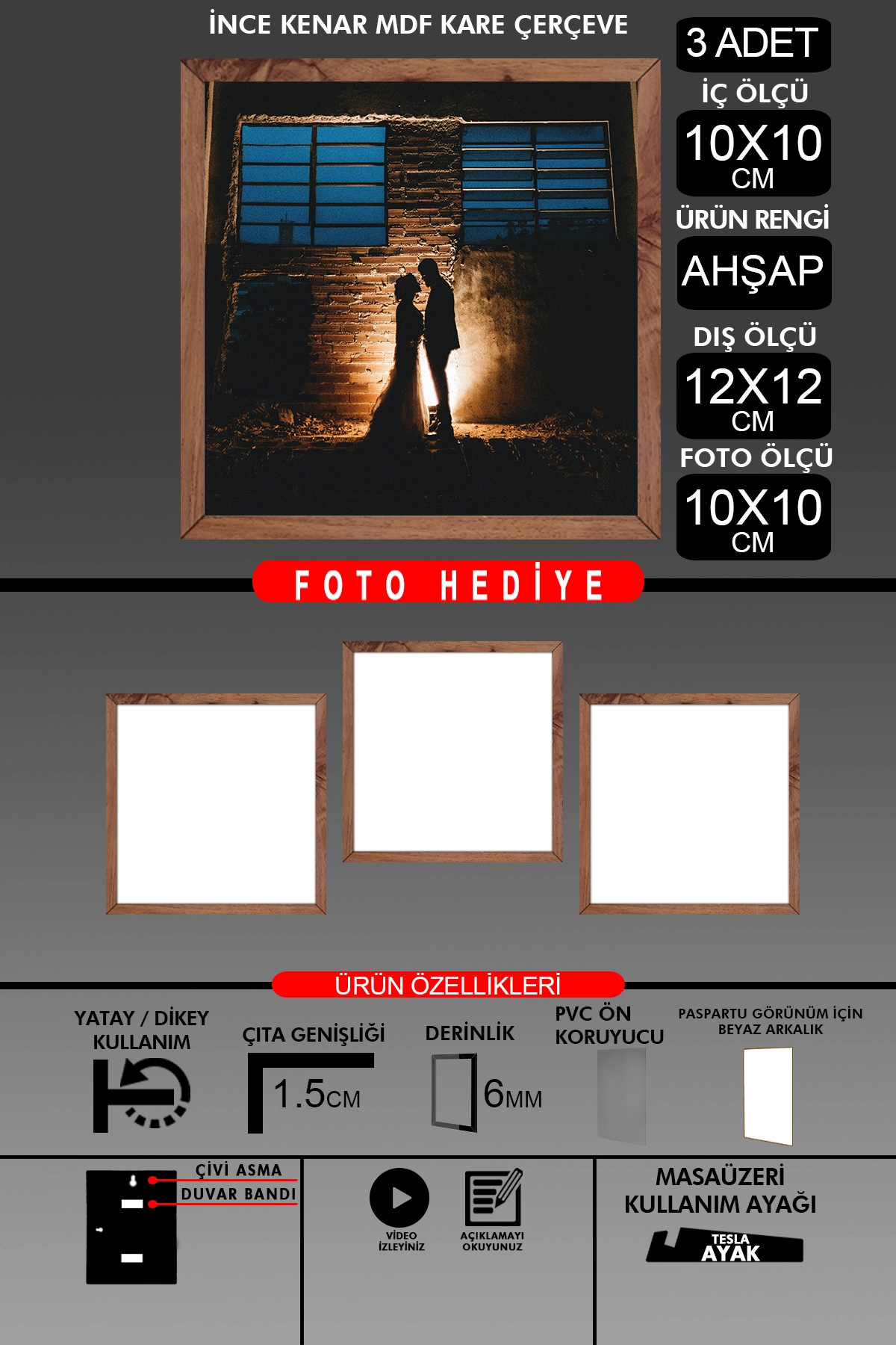2 Adet 10X10 Çerçeve - İnce Çıtalı Çerçeve - Kare Çerçeve - Fotoğraf Çerçevesi