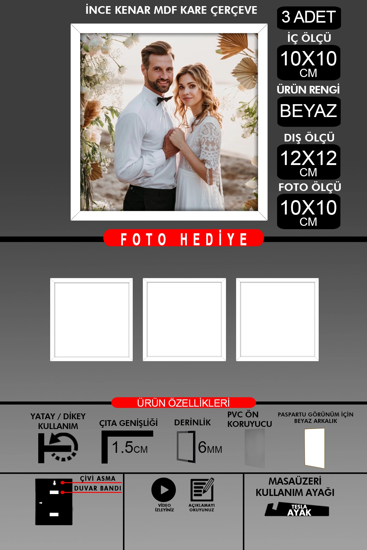 3 Adet 10X10 Çerçeve - İnce Çıtalı Çerçeve - Kare Çerçeve - Fotoğraf Çerçevesi