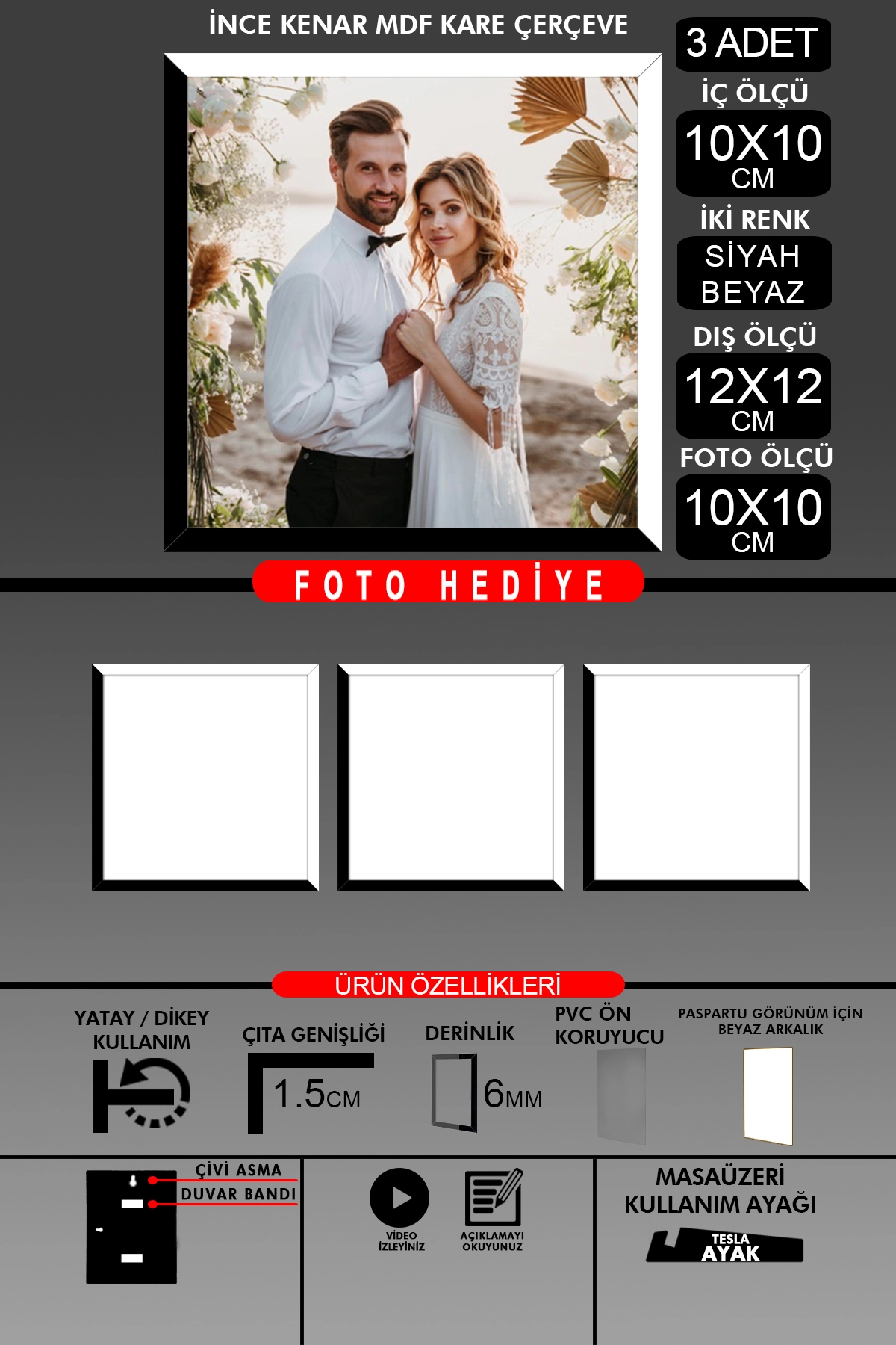2 Adet 10X10 Çerçeve - İnce Çıtalı Çerçeve - Kare Çerçeve - Fotoğraf Çerçevesi