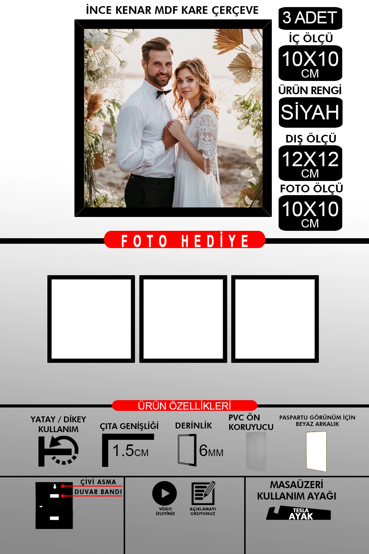 2 Adet 10X10 Çerçeve - İnce Çıtalı Çerçeve - Kare Çerçeve - Fotoğraf Çerçevesi