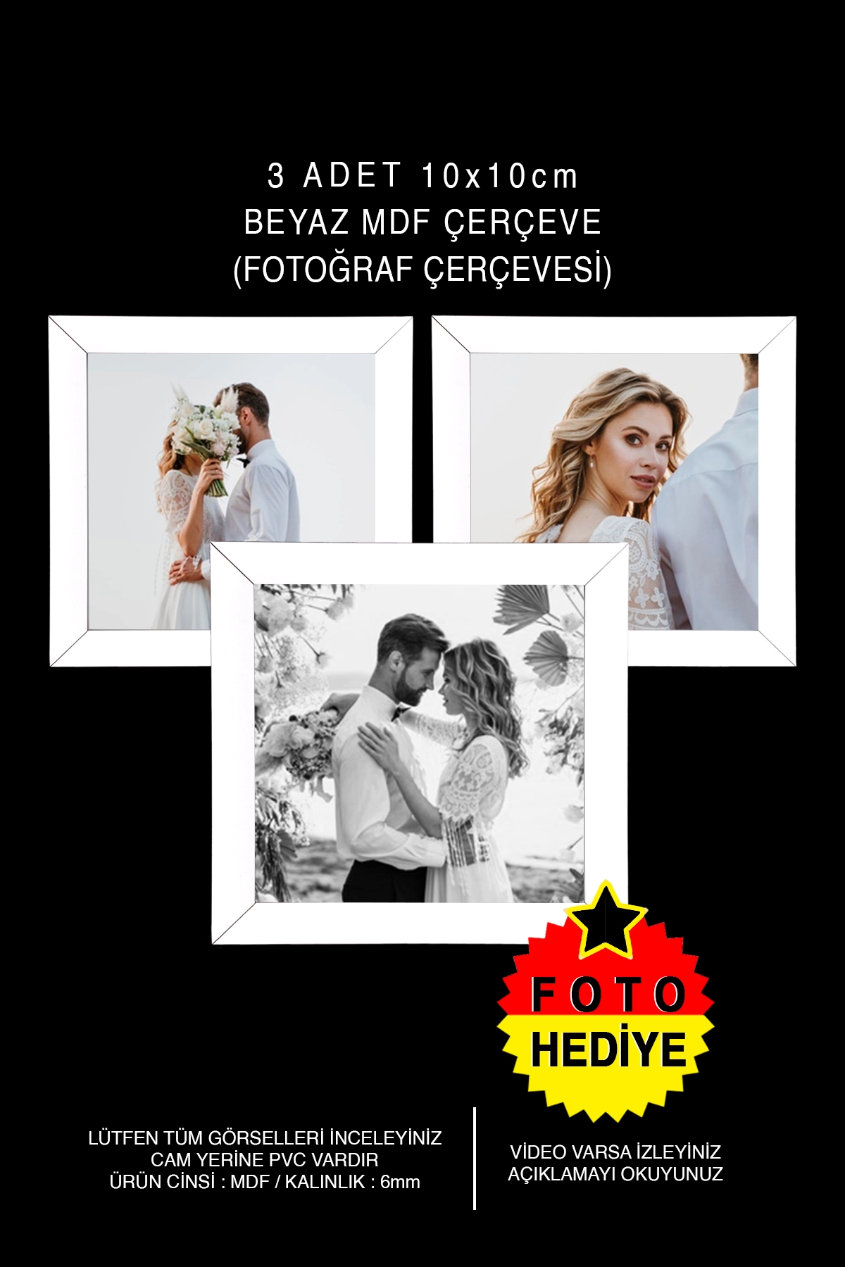 3 ADET 10x10 MDF ÇERÇEVE - KARE ÇERÇEVE Fotoğraf Çerçevesi