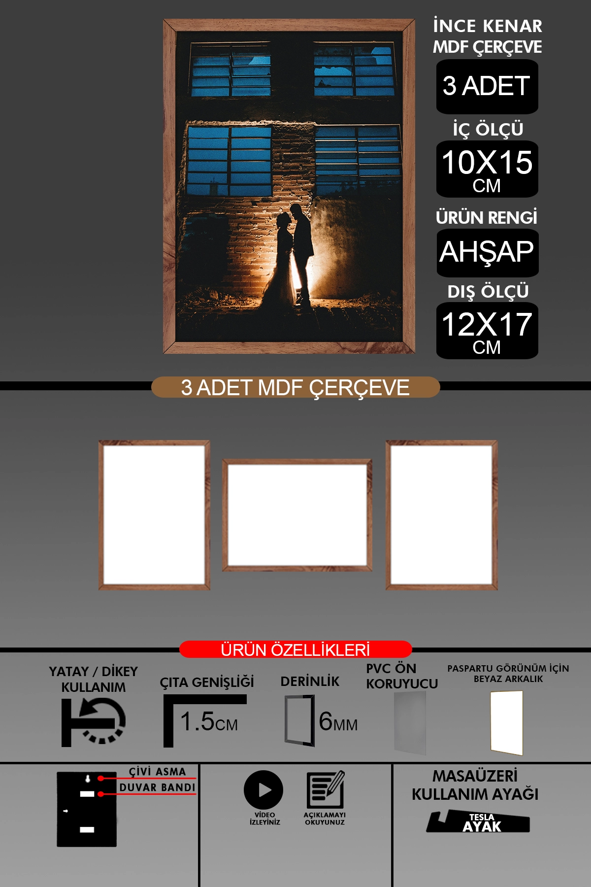3 Adet 10x15 Çerçeve - İnce Çıtalı Çerçeve- 6mm Çerçeve Fotoğraf Çerçevesi