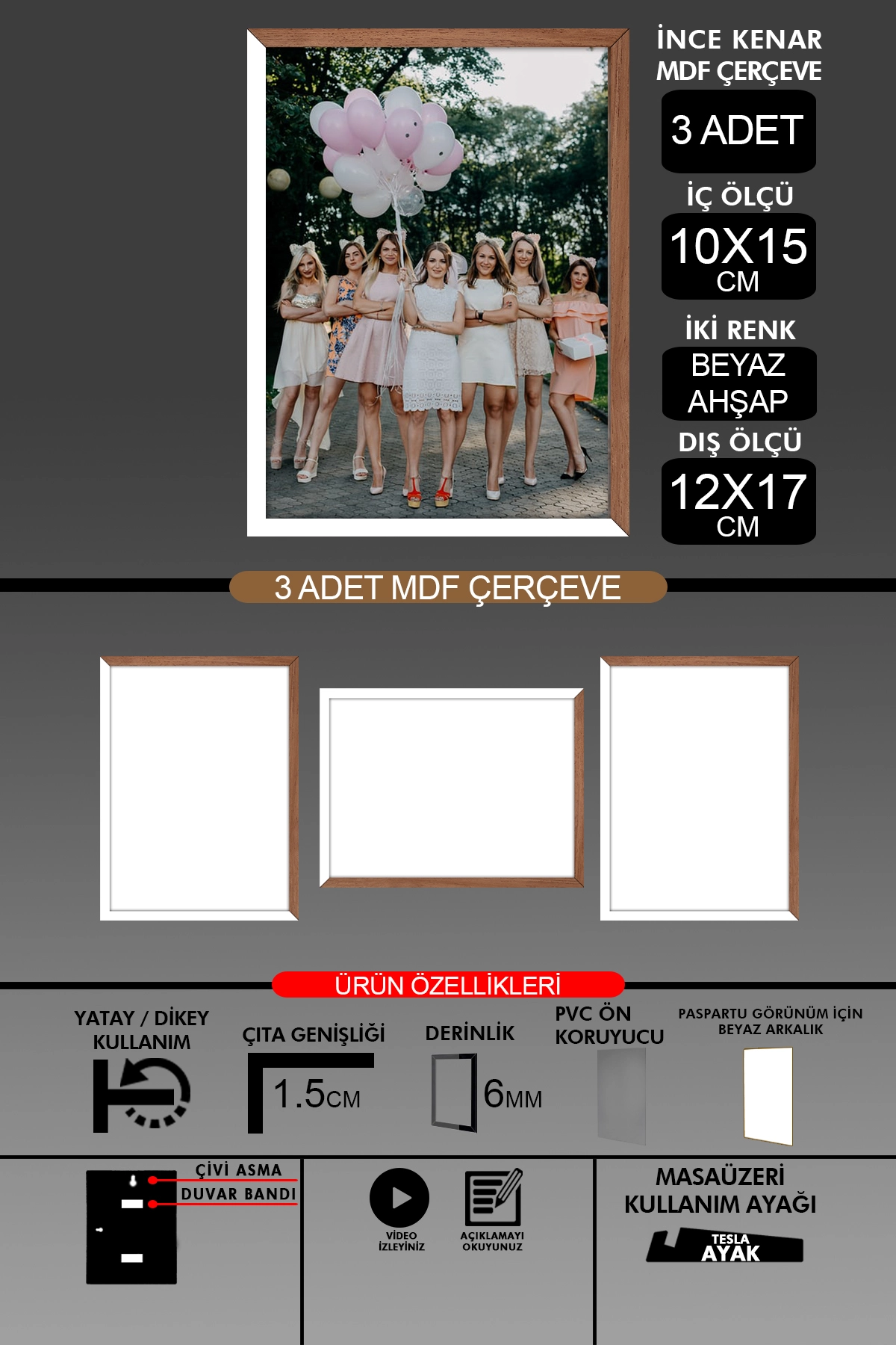 3 Adet 10x15 Çerçeve - İnce Çıtalı Çerçeve- 6mm Çerçeve Fotoğraf Çerçevesi