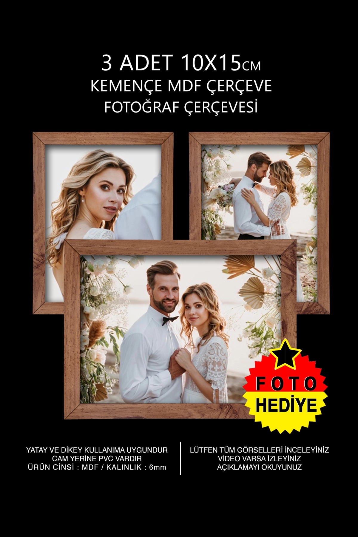 3 Adet 10x15 Çerçeve - Mdf Çerçeve - Fotoğraf Çerçevesi - Dikdörtgen Çerçeve - Pvc’li Çerçeve