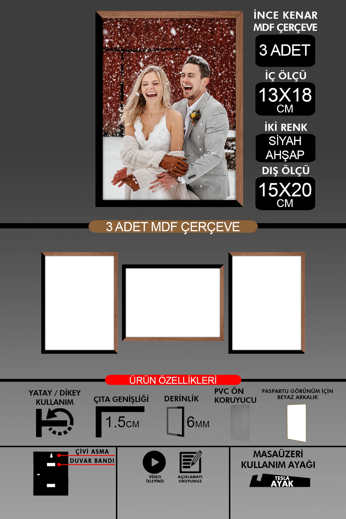 3 Adet 13x18 Çerçeve - İnce Çıtalı Çerçeve- 6mm Çerçeve Fotoğraf Çerçevesi