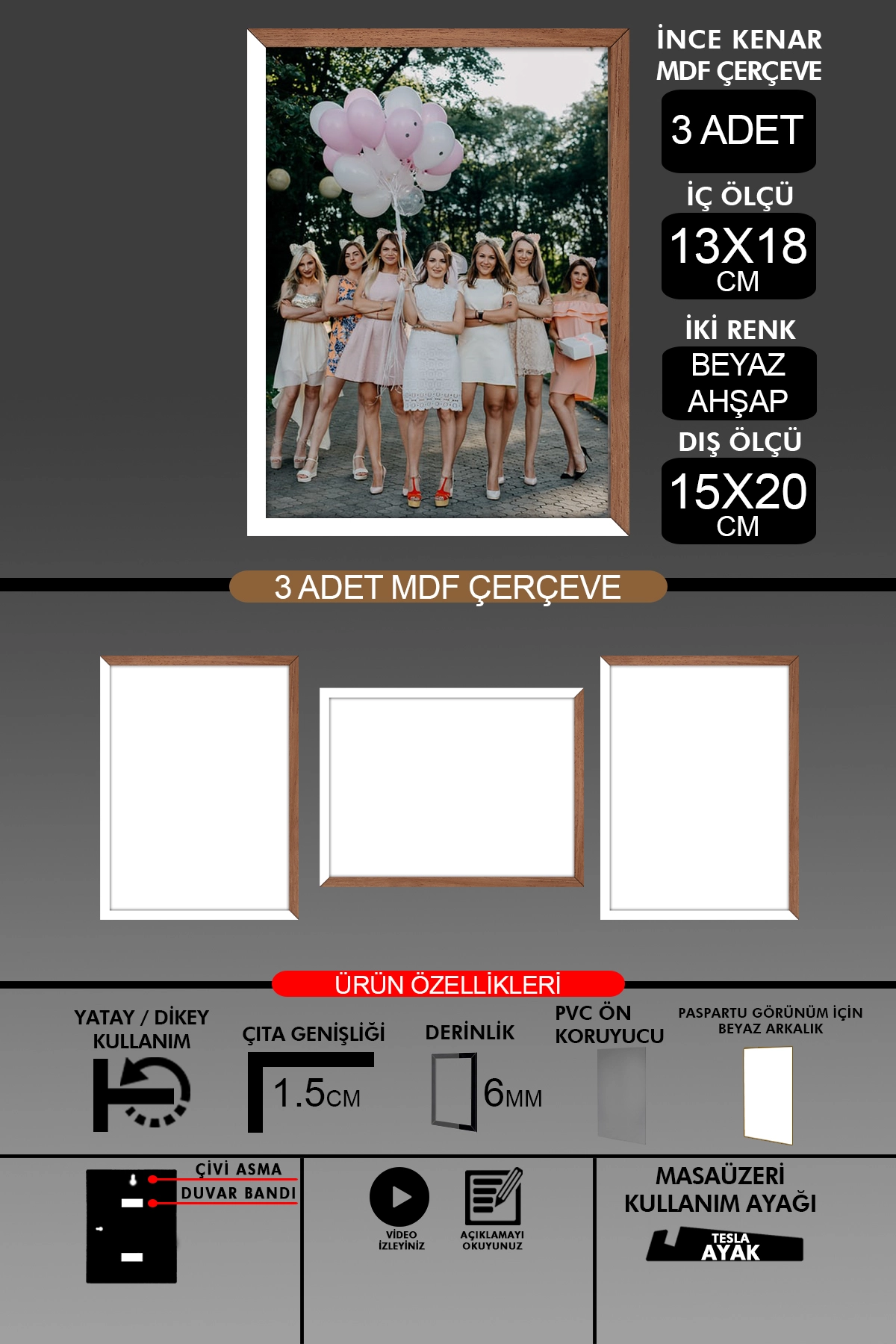 3 Adet 13x18 Çerçeve - İnce Çıtalı Çerçeve- 6mm Çerçeve Fotoğraf Çerçevesi