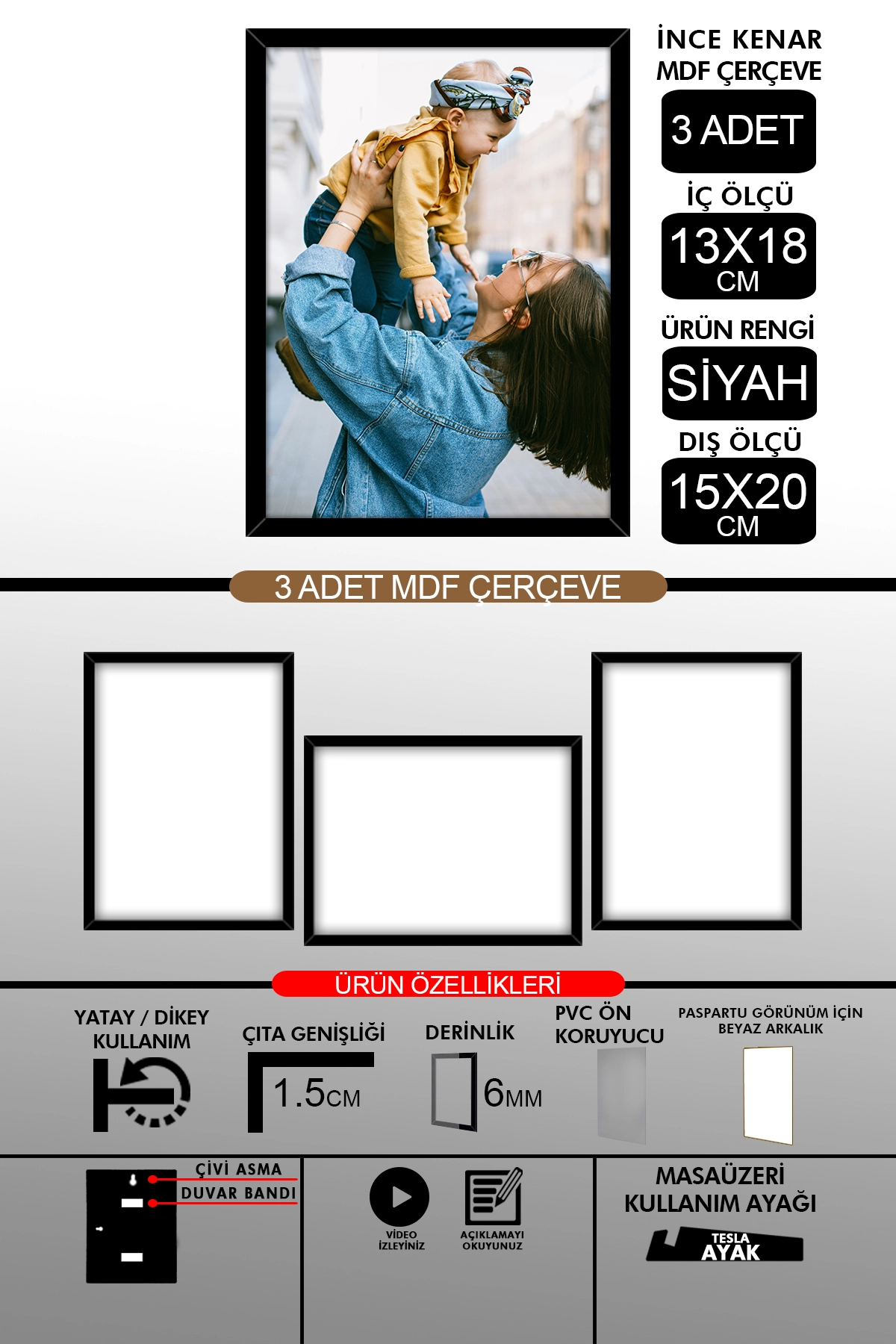 3 Adet 13x18 Çerçeve - İnce Çıtalı Çerçeve- 6mm Çerçeve Fotoğraf Çerçevesi