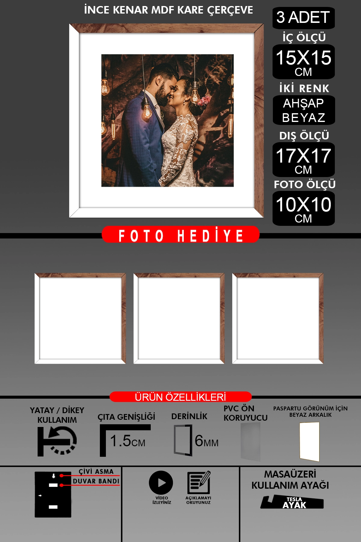 3 Adet 15x15 Çerçeve - İnce Çıtalı Çerçeve - Kare Çerçeve - Fotoğraf Çerçevesi