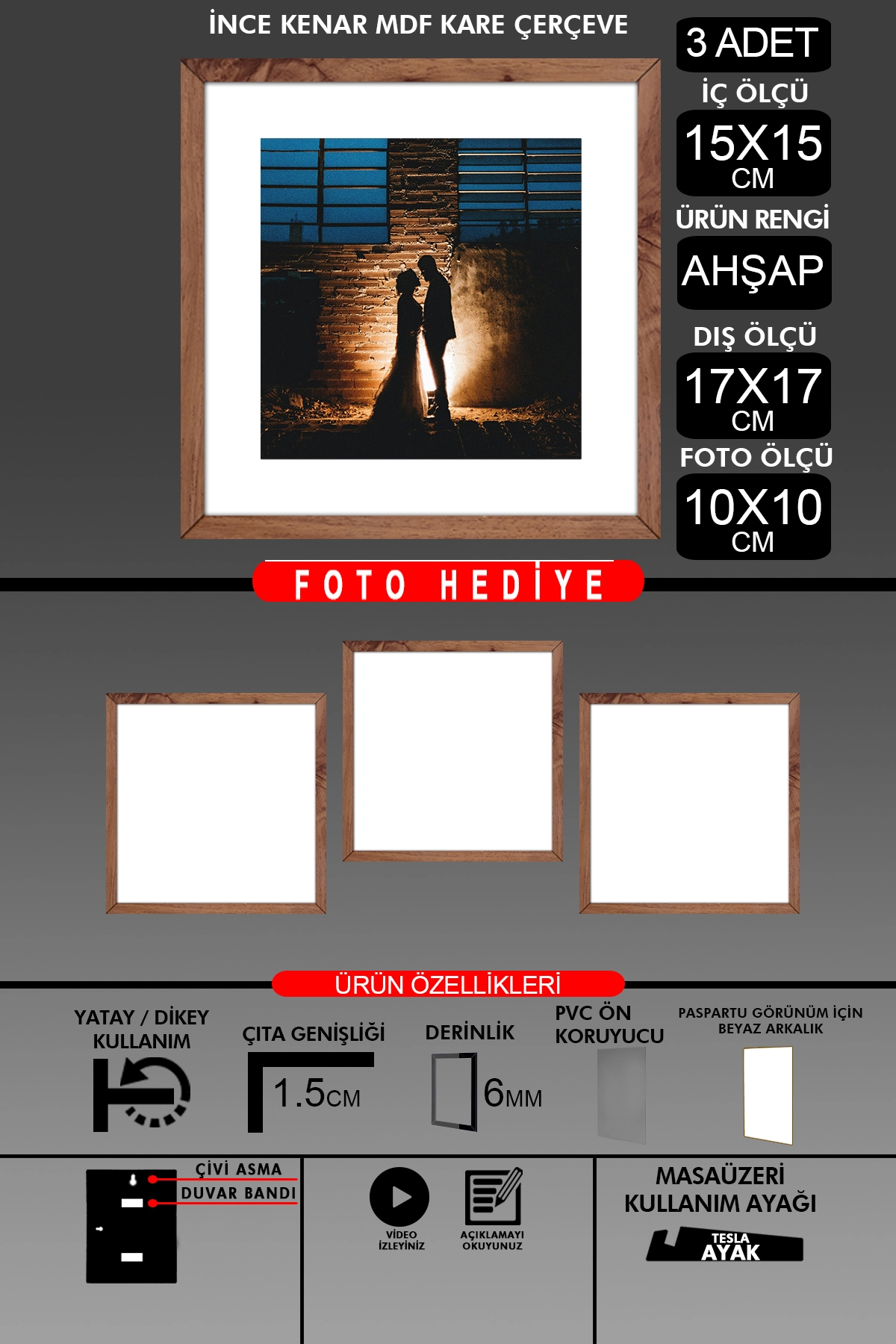 3 Adet 15x15 Çerçeve - İnce Çıtalı Çerçeve - Kare Çerçeve - Fotoğraf Çerçevesi