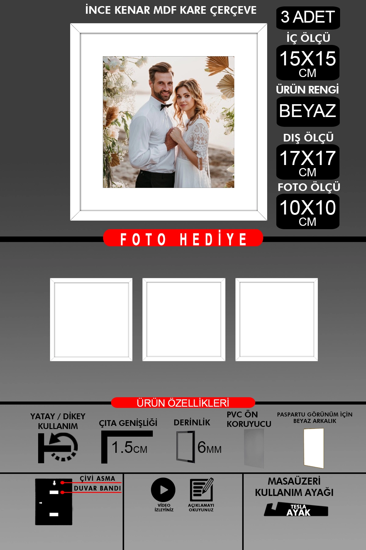 3 Adet 15x15 Çerçeve - İnce Çıtalı Çerçeve - Kare Çerçeve - Fotoğraf Çerçevesi