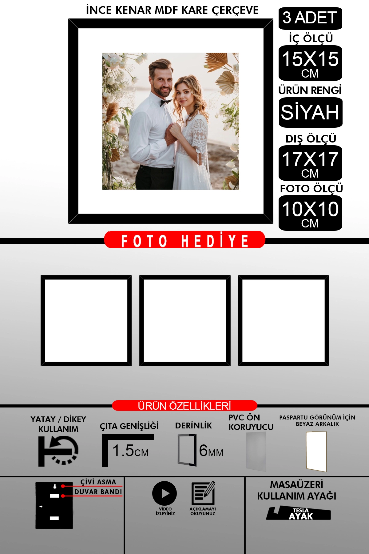 3 Adet 15x15 Çerçeve - İnce Çıtalı Çerçeve - Kare Çerçeve - Fotoğraf Çerçevesi