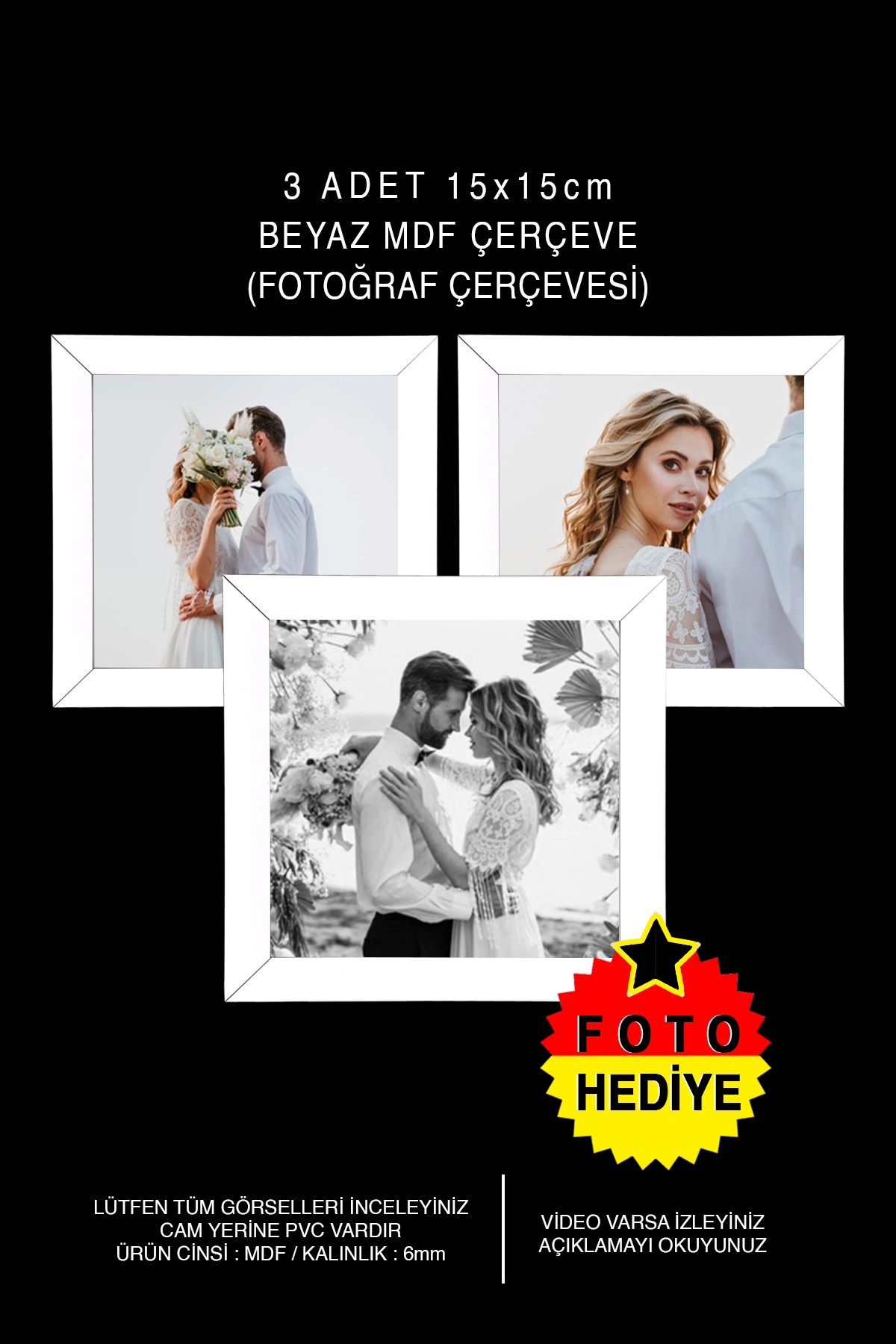 3 ADET 15x15 MDF ÇERÇEVE - KARE ÇERÇEVE Fotoğraf Çerçevesi
