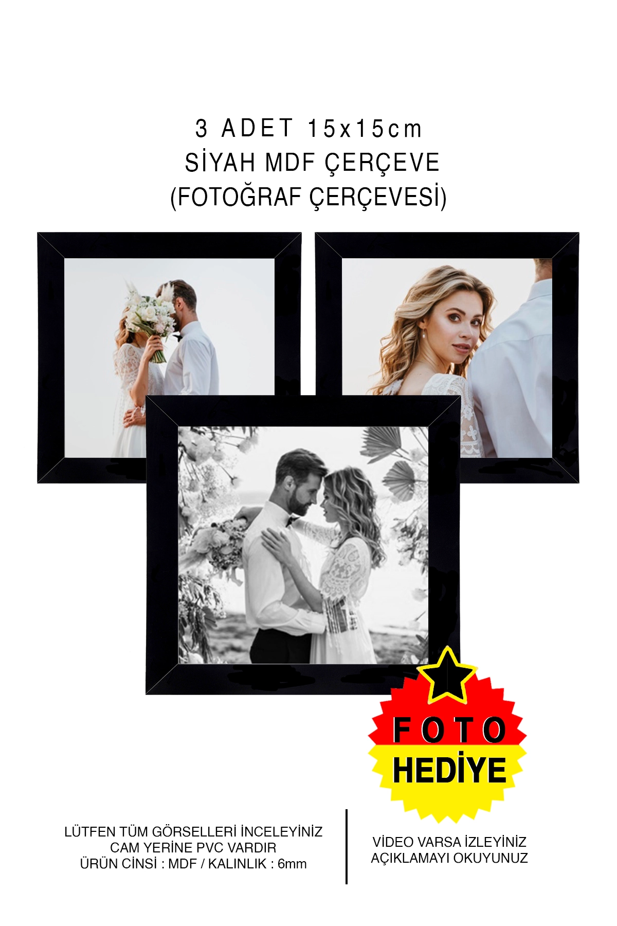 3 ADET 15x15 MDF ÇERÇEVE - KARE ÇERÇEVE Fotoğraf Çerçevesi