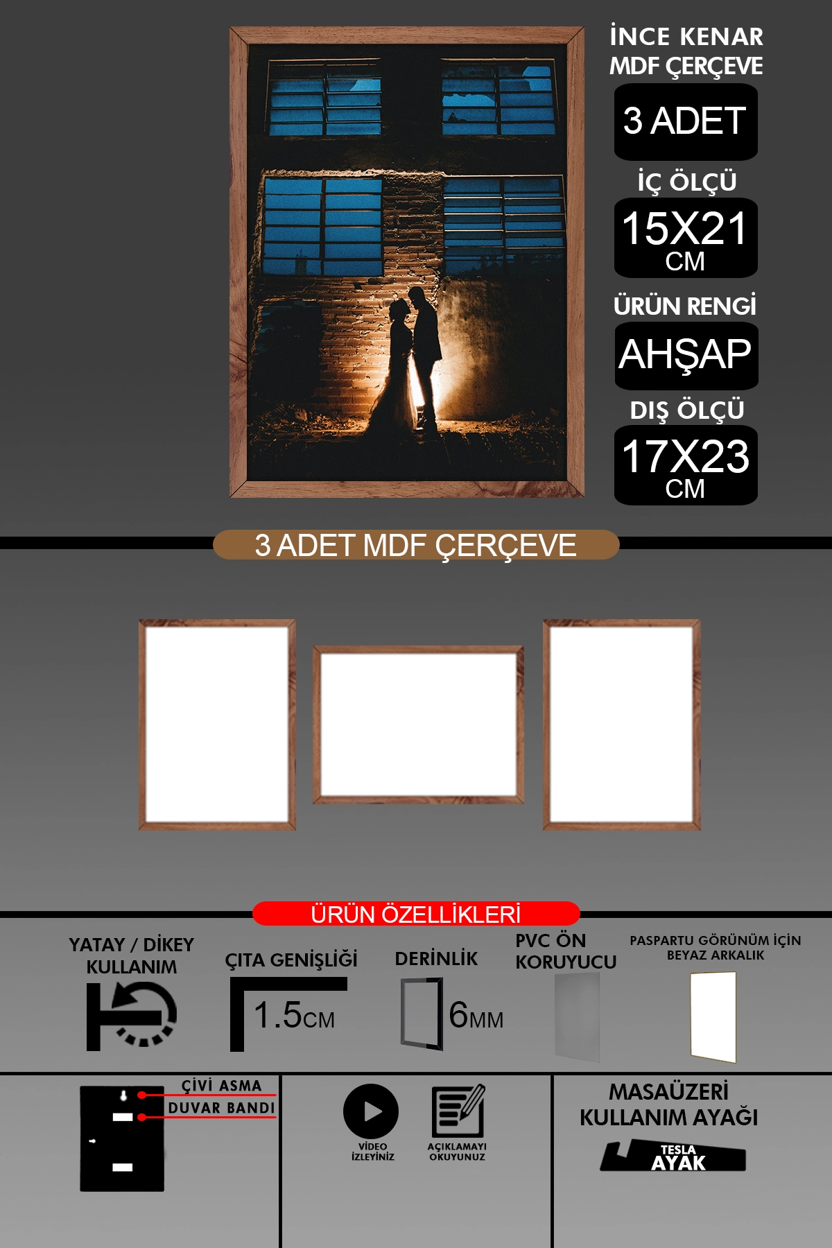3 Adet 15x21 Çerçeve - İnce Çıtalı A5 Çerçeve - 6mm - Fotoğraf Çerçevesi