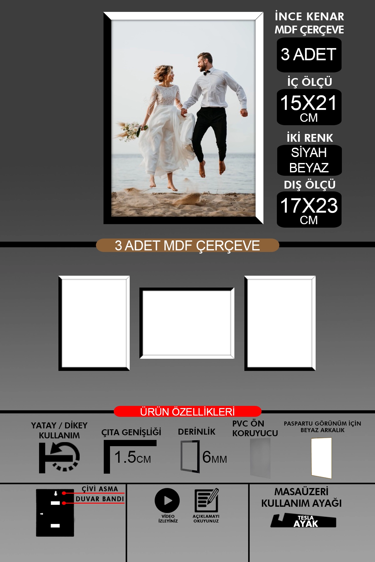 3 Adet 15x21 Çerçeve - İnce Çıtalı A5 Çerçeve - 6mm - Fotoğraf Çerçevesi