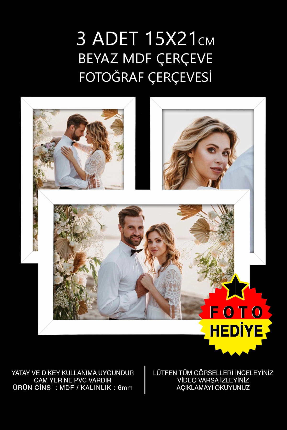 3 ADET 15x21 MDF ÇERÇEVE - DİKDÖRTGEN ÇERÇEVE Fotoğraf Çerçevesi