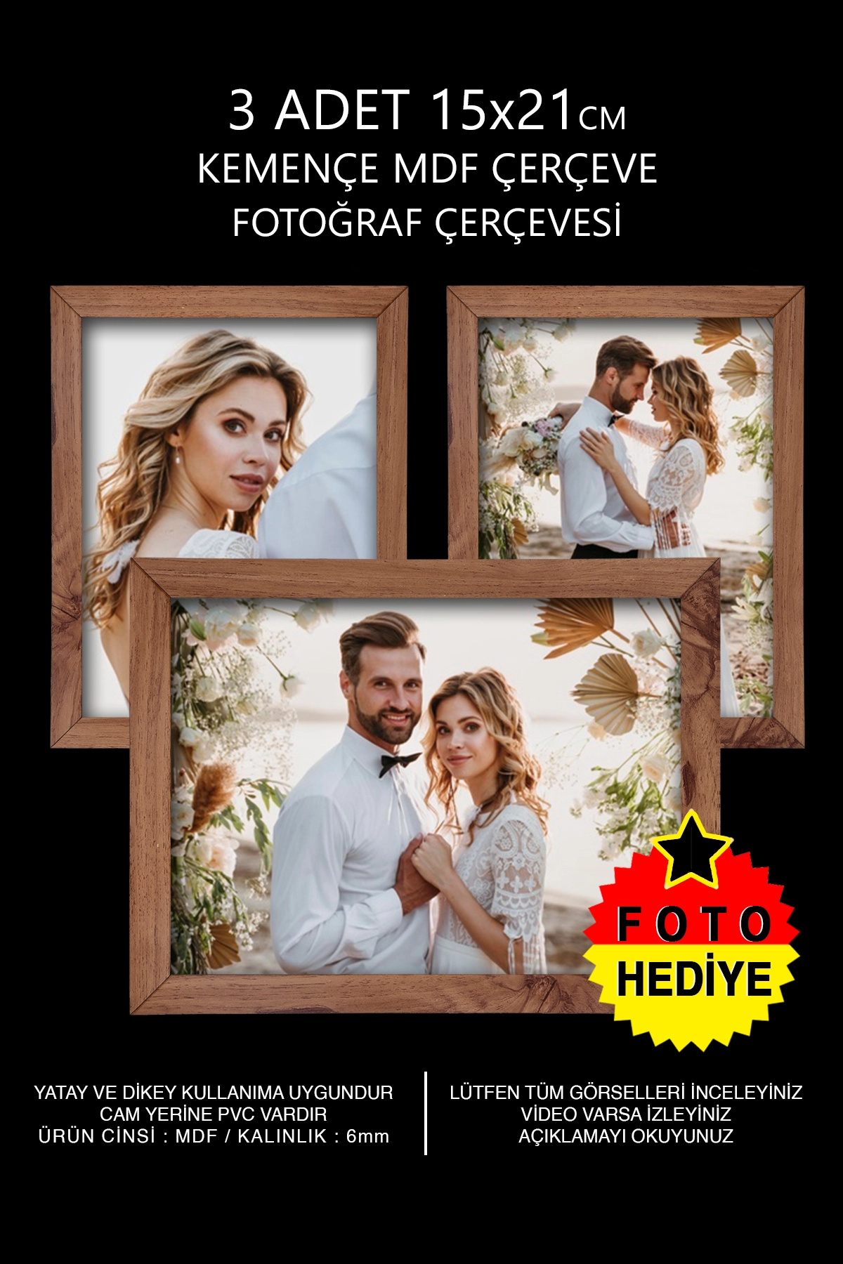 3 ADET 15x21 MDF ÇERÇEVE - DİKDÖRTGEN ÇERÇEVE Fotoğraf Çerçevesi